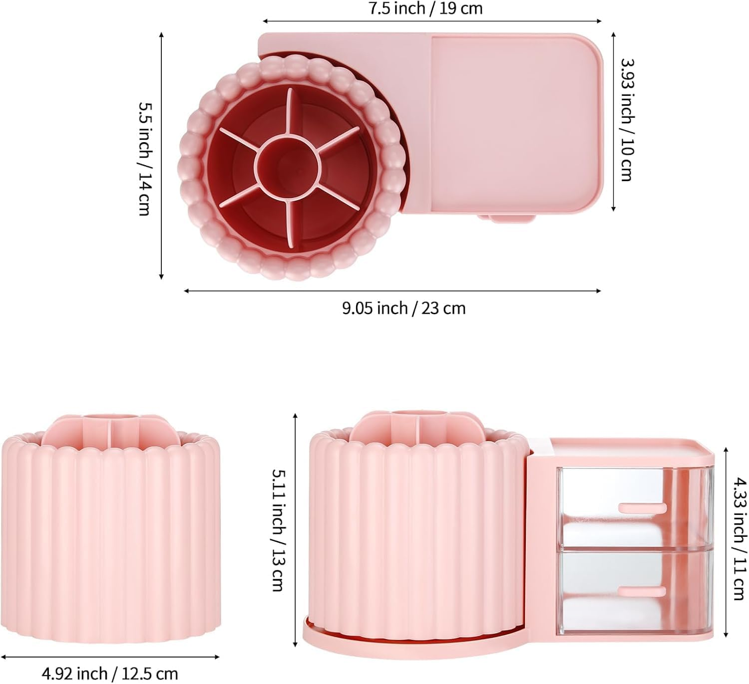 STORICANS 360 Rotating Makeup Brush Holder 7 Slots Makeup Brush Organiser with Drawer Removable Spinning Cosmetic Storage Pen Holder for Vanity, Dresser, Desk,Pink