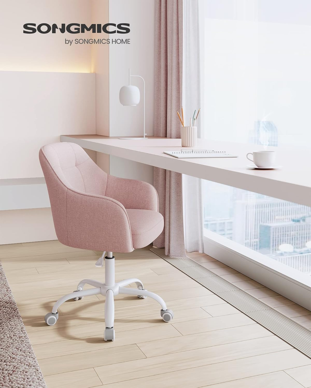 Songmics OBG019P01 Home Office Swivel Chair Office Chair Height Adjustable up to 110 Kg Breathable Fabric for Study Bedroom Pink image number 1