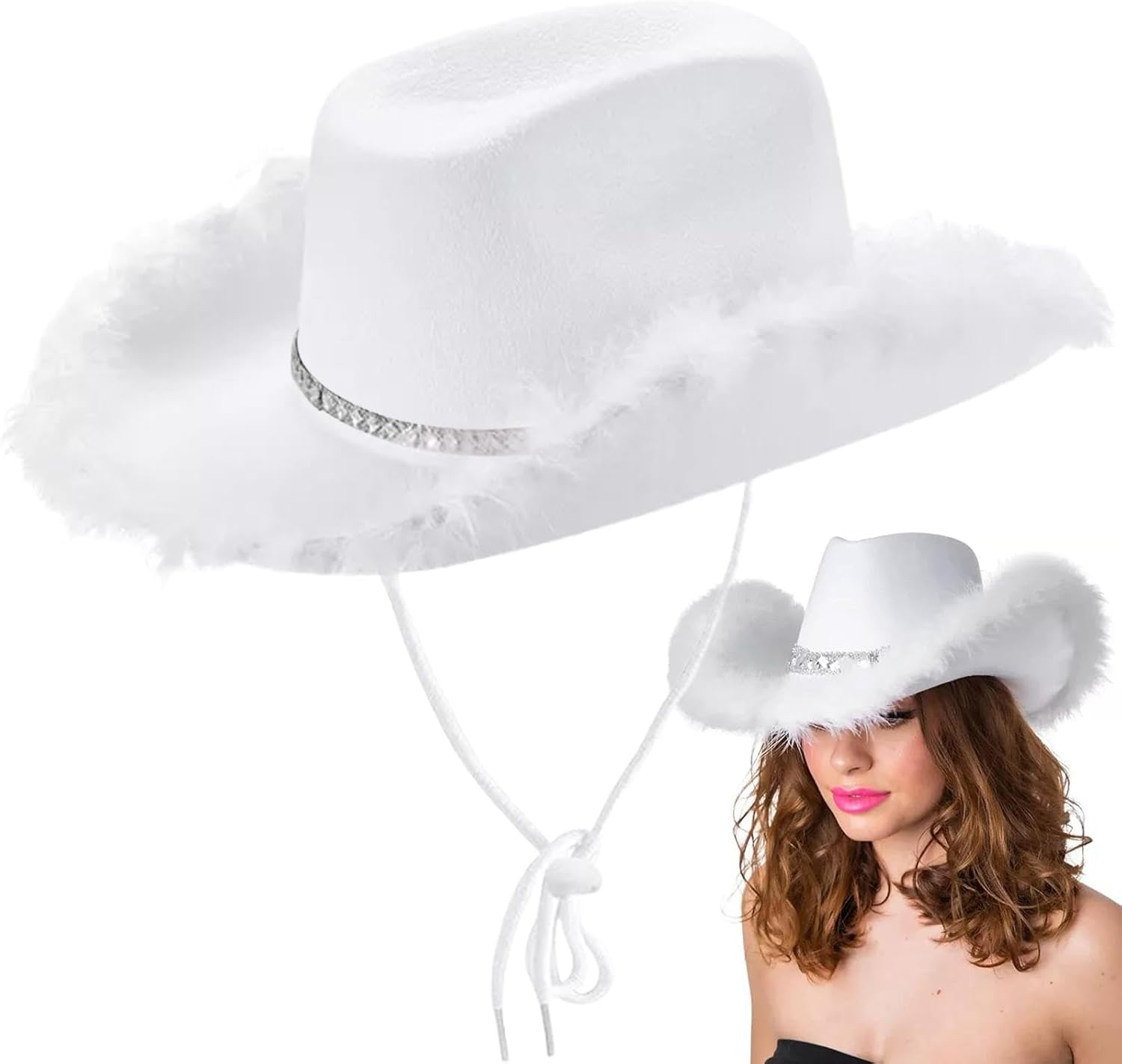 Cowboy Cowgirl Hats - Western Non-Woven Feather Hat,White Feather Trim Cow Girl Hat for Women, Music Festival, Beach, Cowgirl