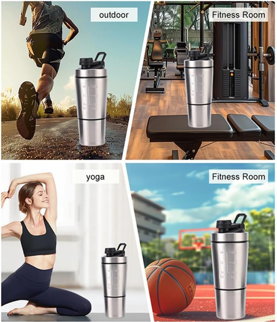 304 Stainless Steel Protein Mixer Cup, Single Layer Protein Shaker Bottle with Bottom Powder Storage, 2 Sections, Leak Proof Supplement Bottle with Detachable Strainer, Easy-Carry Handle [27Oz] image number 4