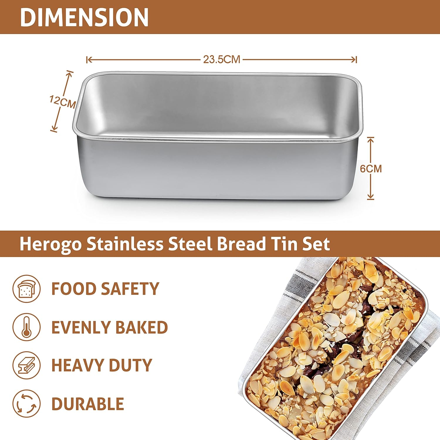 Herogo Loaf Tin, 2Lb Stainless Steel Bread Tin for Baking Set of 2, Rectangular Metal Banana Bread Tin for Toast, Bread, Cake, Lasagna, Healthy & Non-Toxic, Oven & Dishwasher Safe, 23.5X12.5 Cm image number 4