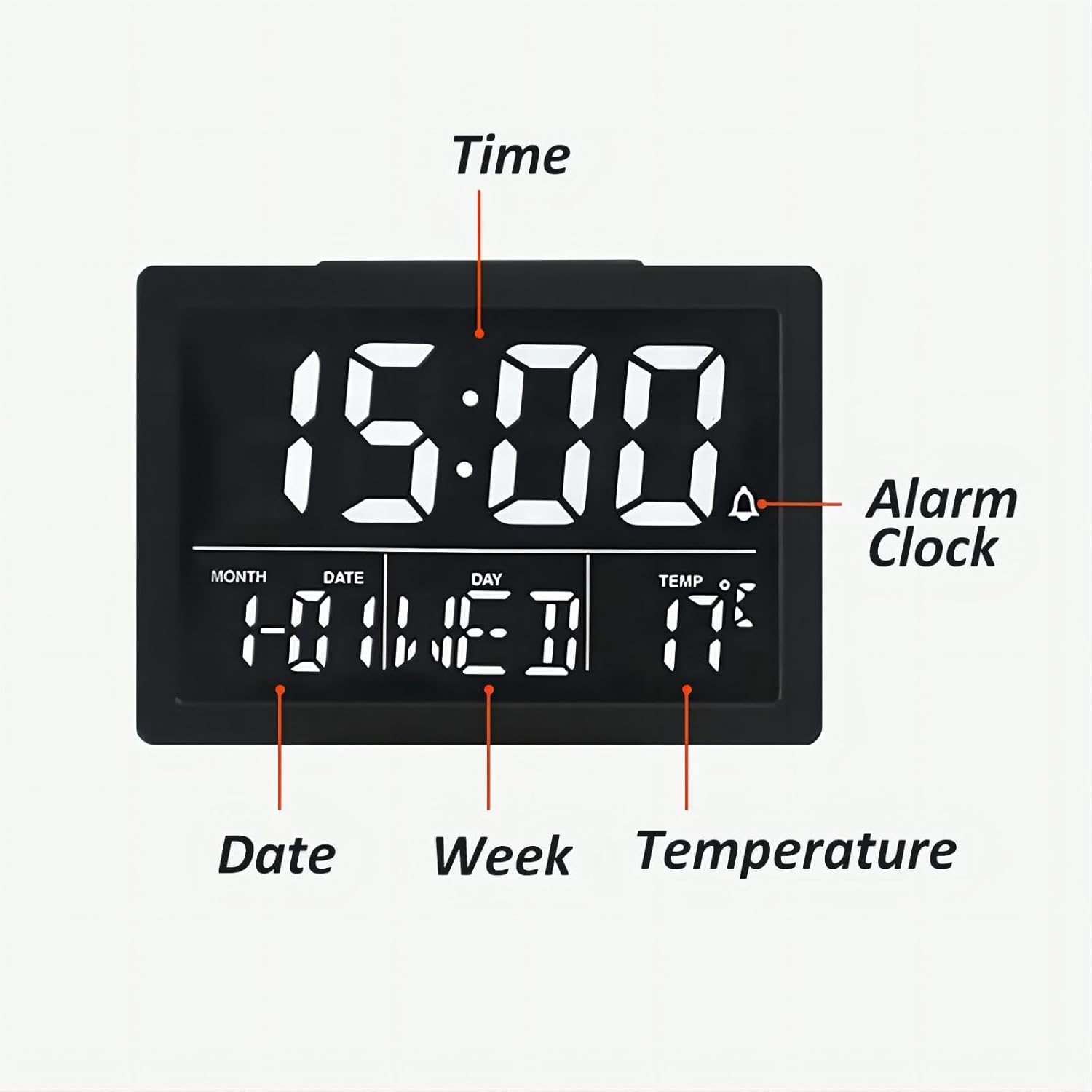 Lancoon Digital Alarm Clock, 13CM LCD Screen Time Date Week Temperature Display 12/24H Snooze Function 6 Adjustable Brightness 8 Ringtones for Home Office Bedroom Living Room (White) image number 6