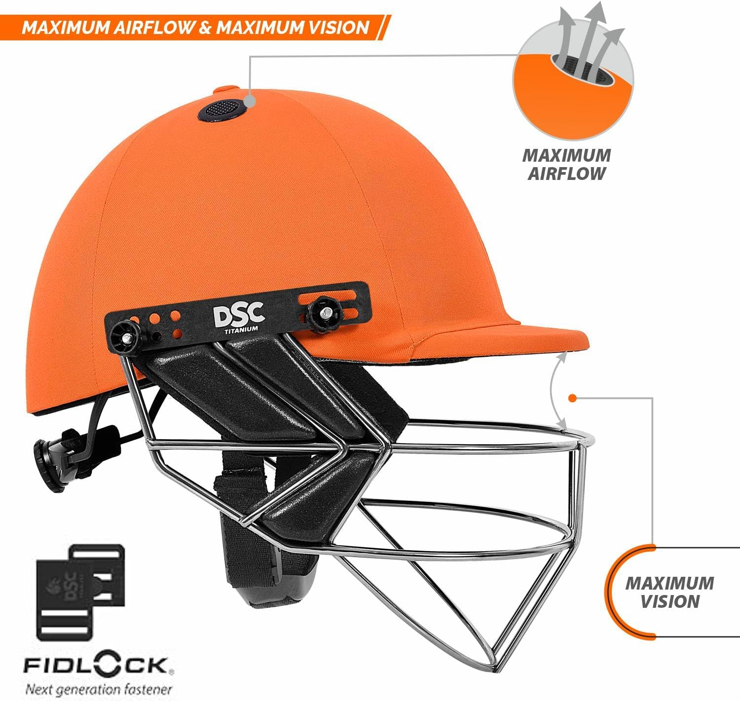 DSC FORT 44 Cricket Helmet | Orange | Size: Extra Large | for Men & Boys | Steel Grill | Adjustable Back Support Strap | Removable and Washable Sweatband | Lightweight image number 4