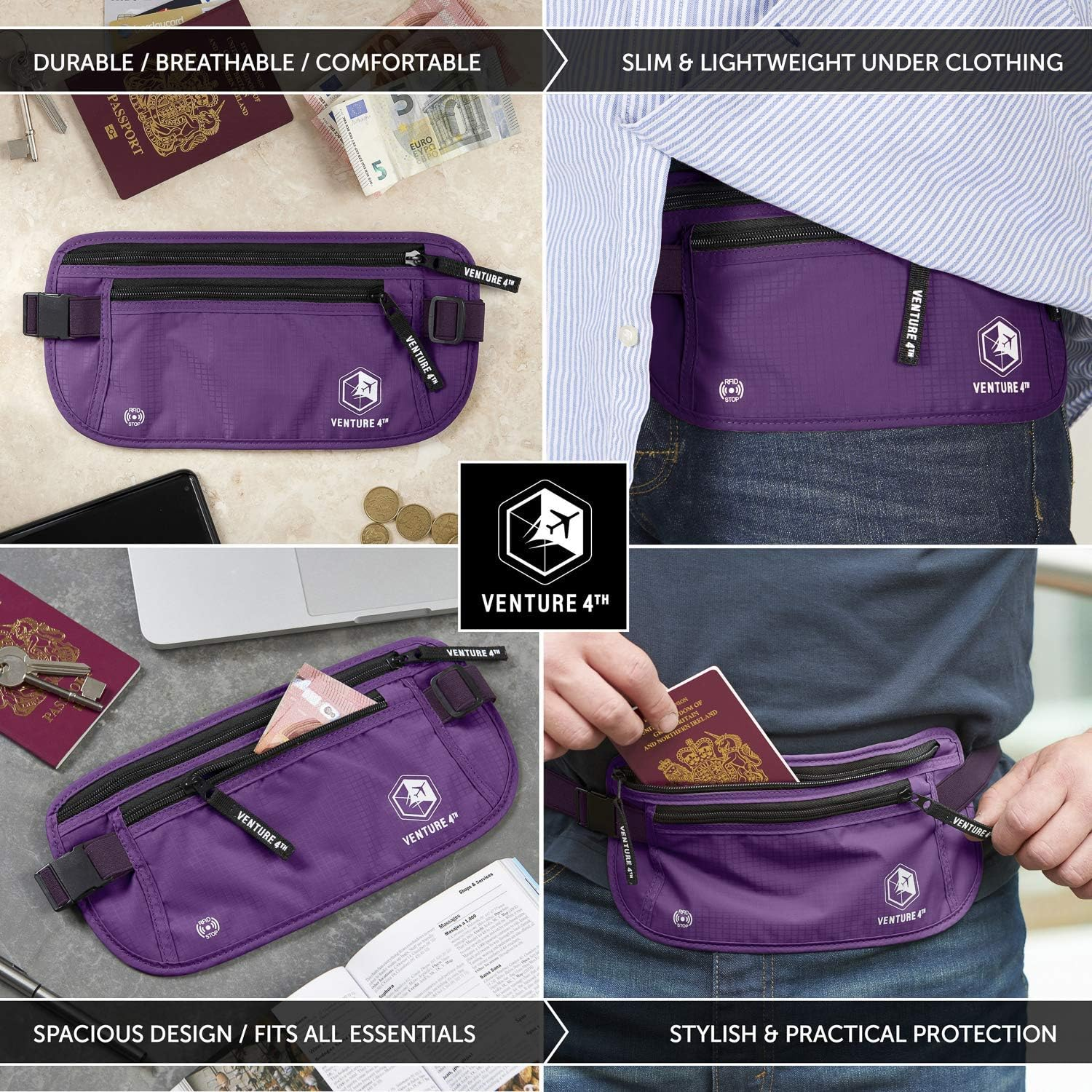 VENTURE 4TH Money Belt - Slim Passport Holder RFID Blocking Pouch to Protect Cash, Credit Cards and Travel Documents