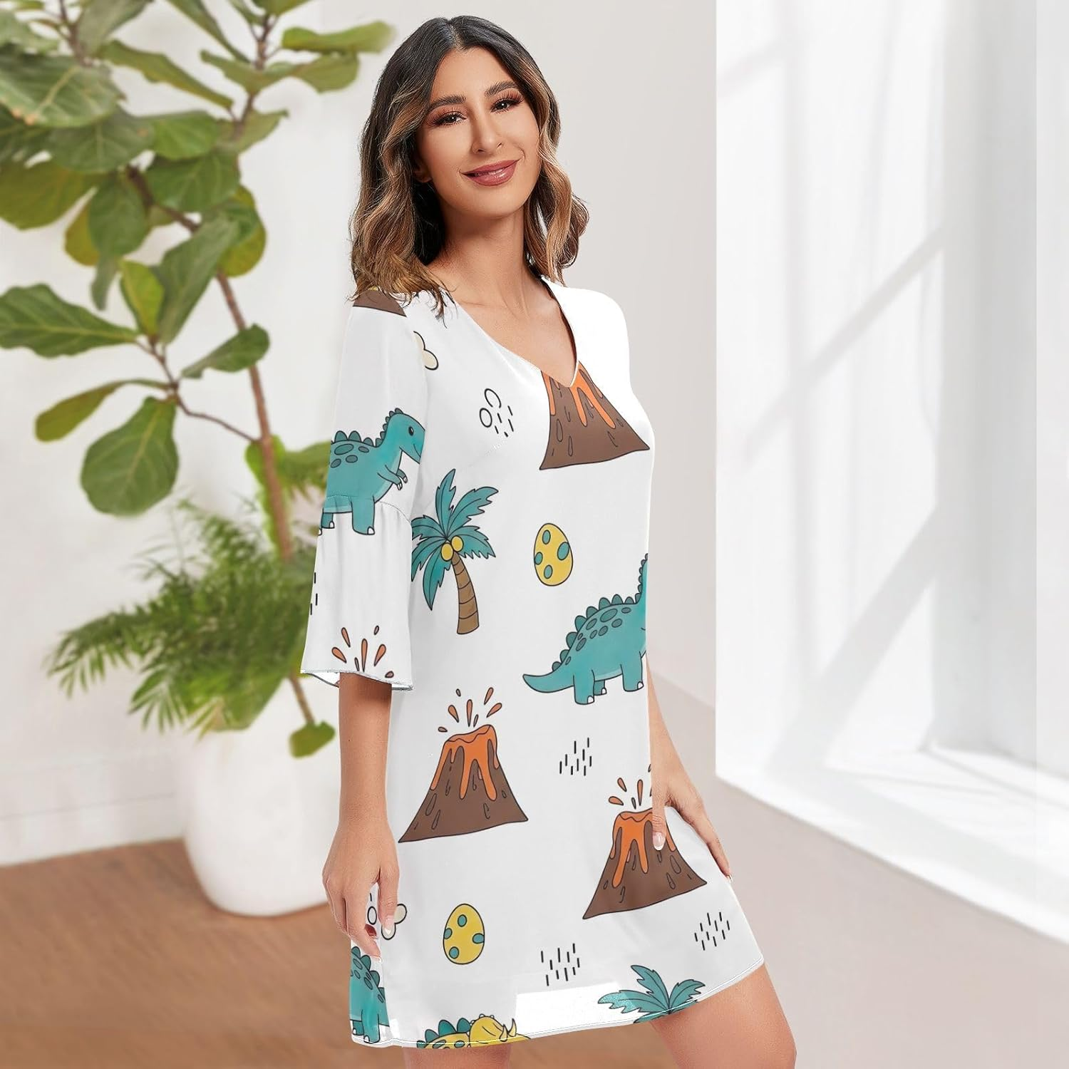 Cute Cartoon Dinosaurs White V Neck Dress Printed Line Maternity Dress image number 5