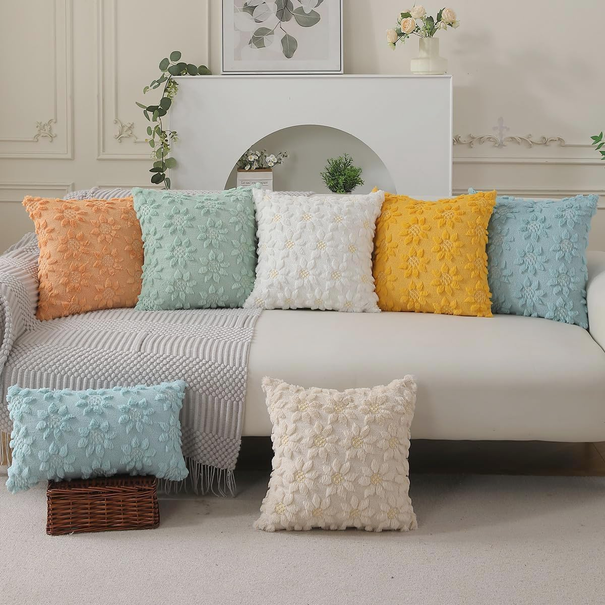 CJWLKJ 2Pcs Soft Faux Fur Throw Pillow Covers 18X18 Inch, Farmhouse Decor Yellow Color Flower Heart Sunflower Soft Plush Jacquard Pillow Cases for Sofa Holiday Home Decor image number 4