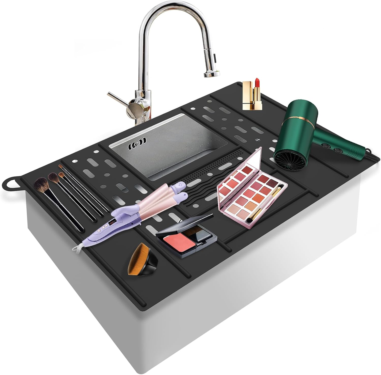 Foldable Sink Cover for Bathroom Counter Space - Silicone Makeup Brush Cleaning Mat, Heat Resistant Organizer Pad, Anti-Slip Vanity Tools Organizer (Black) image number 2