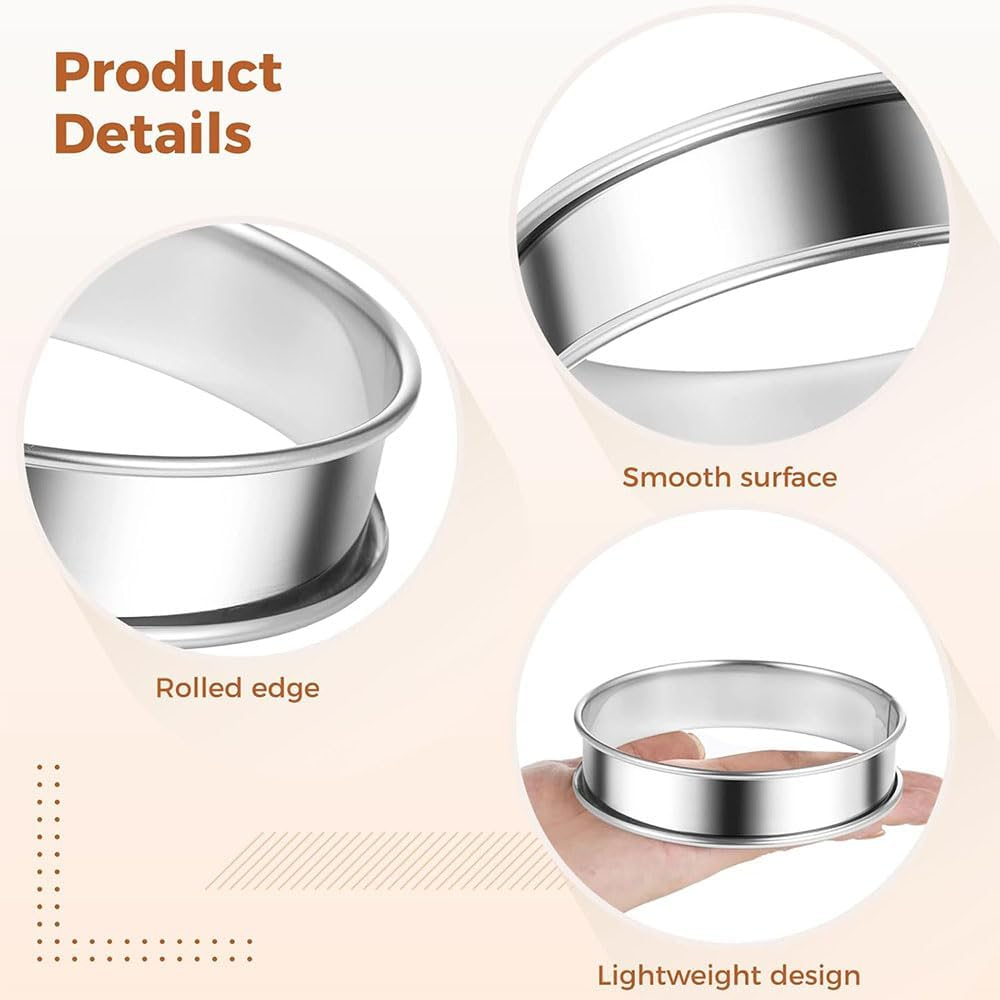 Aufondof 8 Pack 4 Inch Metal English Muffin Rings Double Rolled Nonstick Pastry Ring Mold Stainless Steel Muffin Tart Rings for Dessert Food Making Tool Kitchen Baking image number 3
