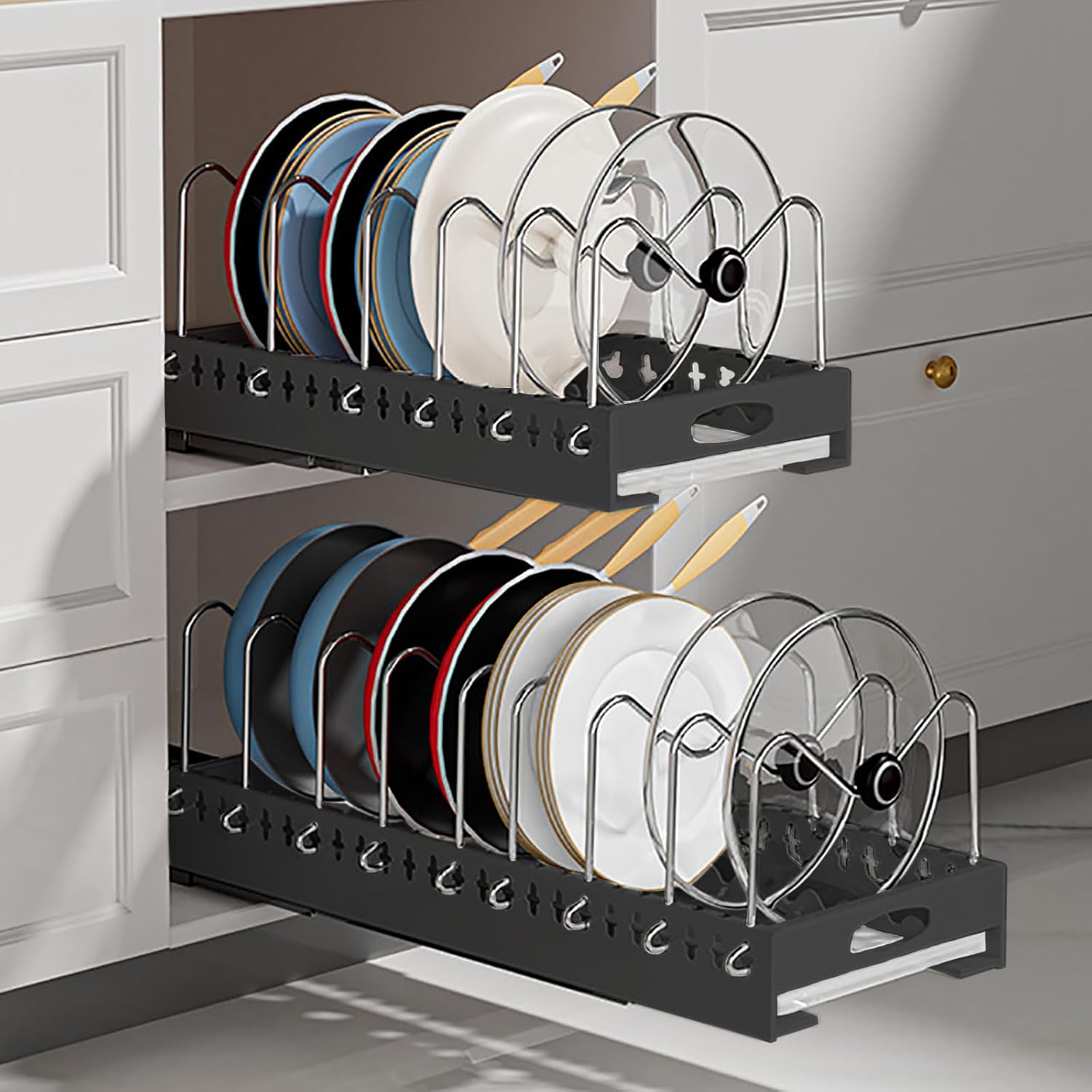 2 Pack Pots and Pans Organizer under Cabinet, Pull-Out Pots and Pans Organizer, under Cabinet Pot Lid Holder, Adhesive Sliding Type Pots and Pans Storage with 9 Adjustable Dividers (White)