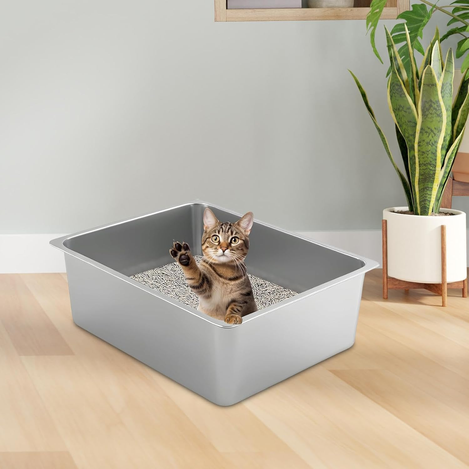 ＡＷＨＡＯ Stainless Steel Litter Box, Sandbox, Anti- Kitten Toilet, High Sided Metal Litter Box, Litter Box, 36Cmx27Cmx15Cm image number 2