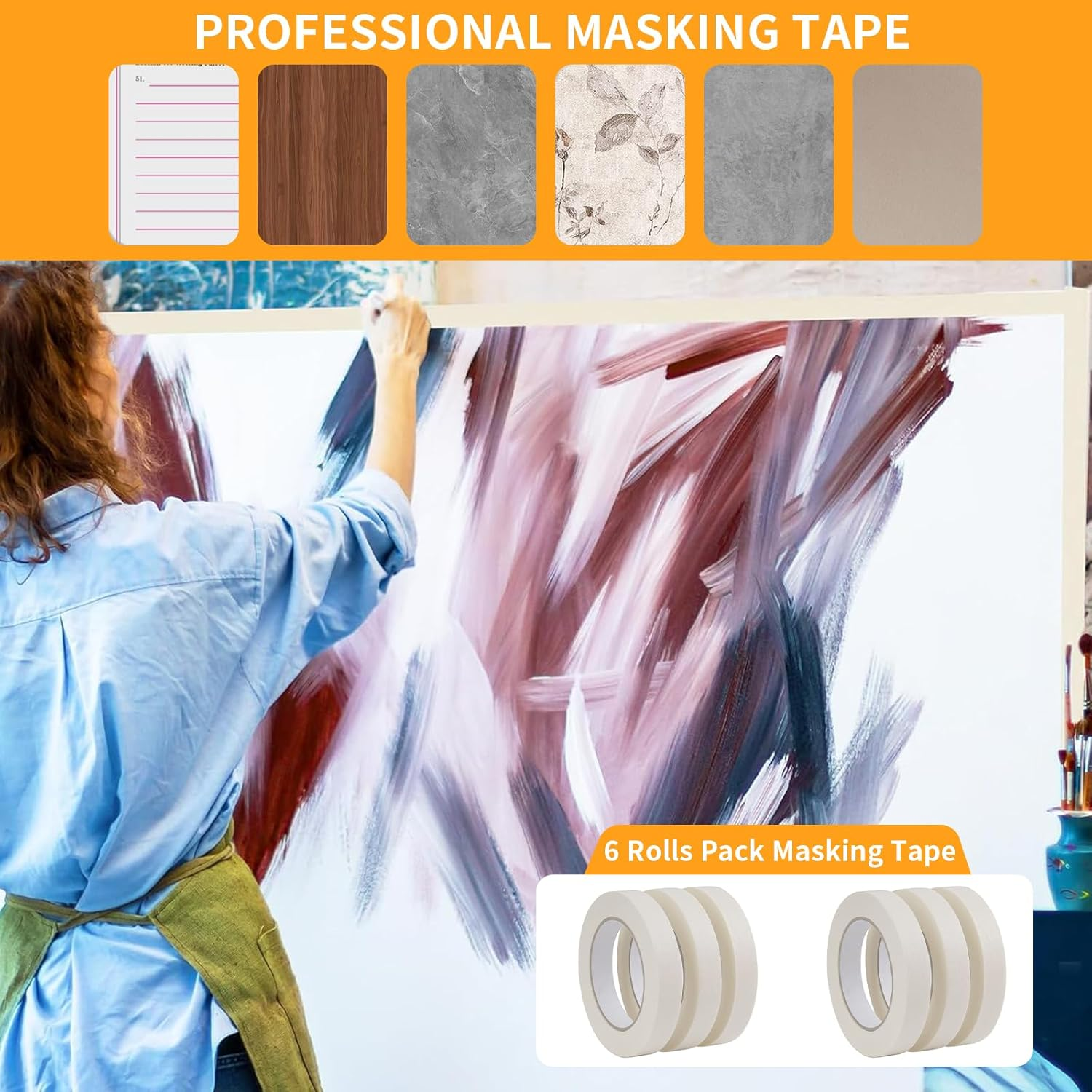 6 Rolls Masking Tapes, 24Mmx20M per Roll, Multi-Use Strong Adhesive Water-Resistant Backing Cloth Duct Tape, Writable, Tearable, No Residue, Patch & Seal Tape for Arts Crafts Home Repair Decorative image number 6