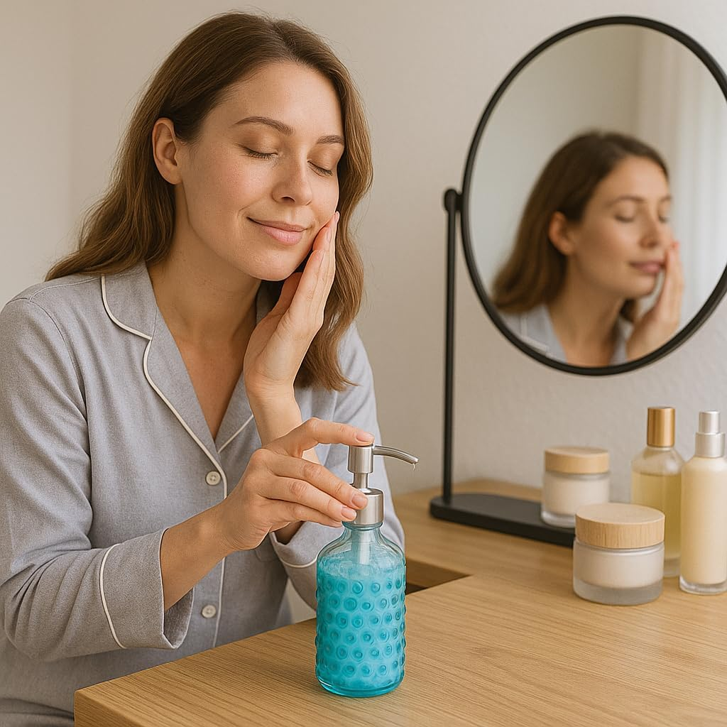 Creative Home 12 Oz Transparent Dot Glass Lotion Liquid Soap Dispenser Refillable Hand Soap Sanitizer Dispenser with Stainless Steel Pump for Bathroom Countertop Kitchen Dish Soap, Sky Blue image number 6