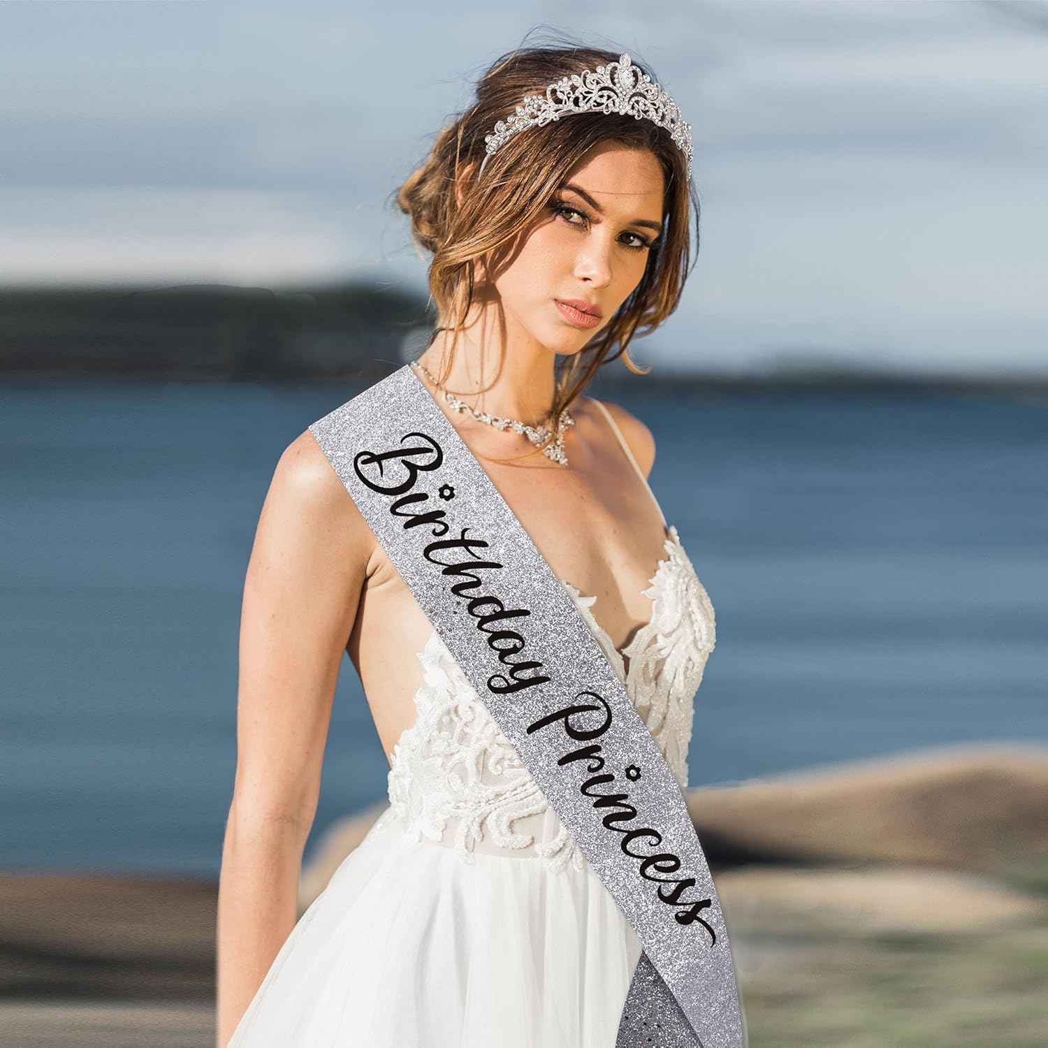 "Birthday Princess"Sash and Rhinestone Crown Set - Glitter Silver Fabric with Black Foil Letters Birthday Sash for Girl + Rhinestone Crown Set Birthday Party Gifts Birthday Party Supplies image number 2