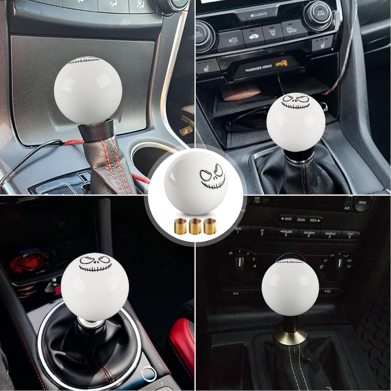 Zurligi round Ball Smiley Expression Shift Knob, Universal Shift Knob, round Head with M8*1.25, M10*1.25, M10*1.5 Adapter, Universal Fit Compatible with Manual Car (White) image number 1