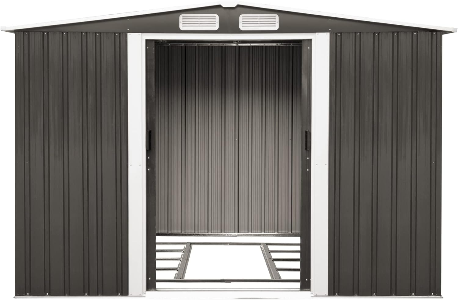 LI LIVSIP Garden Shed with Foundation - Galvanised Steel Outdoor Storage Shed with Double Slopes Roof Air Vent Sliding Doors, for Gardening Tools Bikes, 257X205X178Cm, Lock Included image number 3