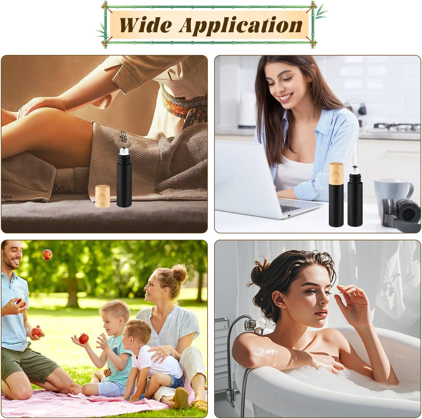 Cositina 20 Pcs 10Ml/0.34Oz Frosted Glass Roller Bottles Refillable Perfume Bottles with Stainless Steel Roller Balls & Wood Grain Lids for Travel Essential Oils - Black - Black image number 3