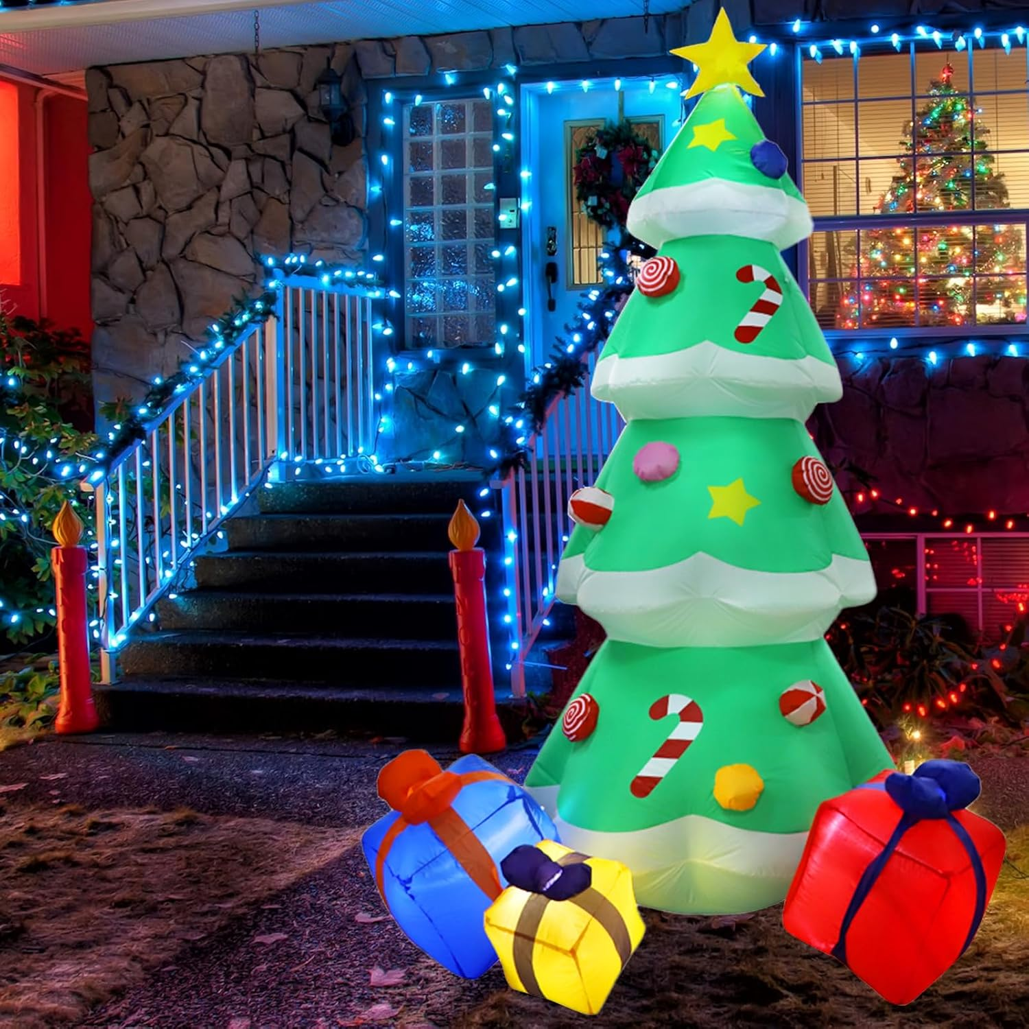 SAILESI 8FT/2.4M Christmas Tree Inflatable Outdoor Decoration, Blow up Christmas Tree with 3 Gift Boxes, Built-In 5 LED Lights Xmas Decor for Indoor Outdoor Holiday Pa image number 1