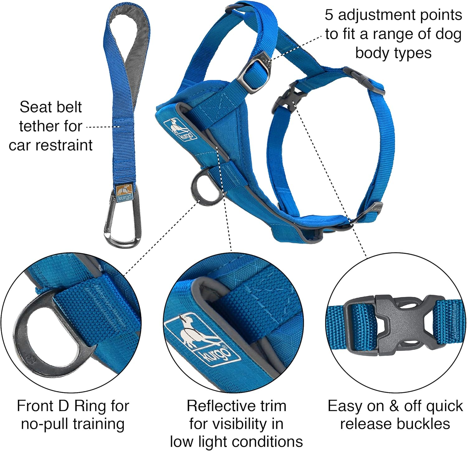 Kurgo Tru-Fit Smart Harness, Dog Harness, Pet Walking Harness, Quick Release Buckles, Front D-Ring for No Pull Training, Includes Dog Seat Belt Tether (Blue, Small) image number 3