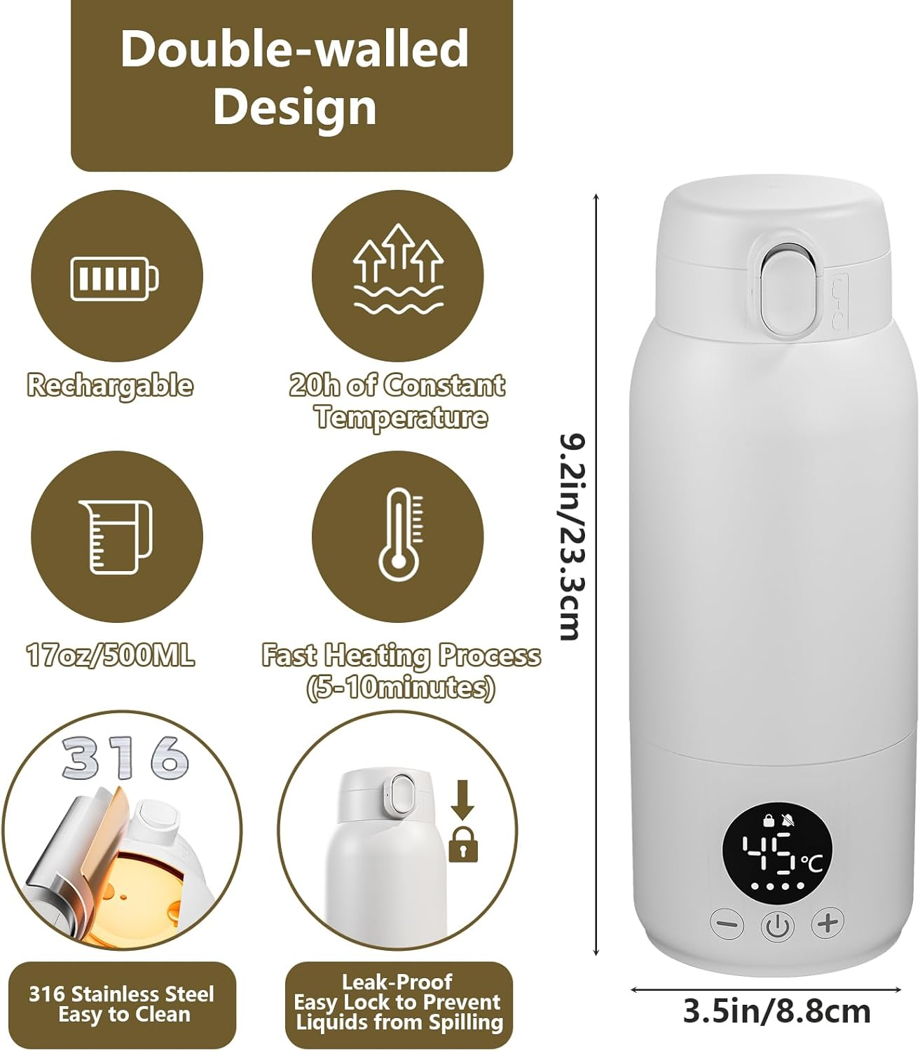 Portable Bottle Warmer,500Ml Large Capacity Portable Milk Warmer for Breastmilk/Formula with Accurate Temp Control,Baby Bottle Warmer Suitable for Travel, Outdoors,Night