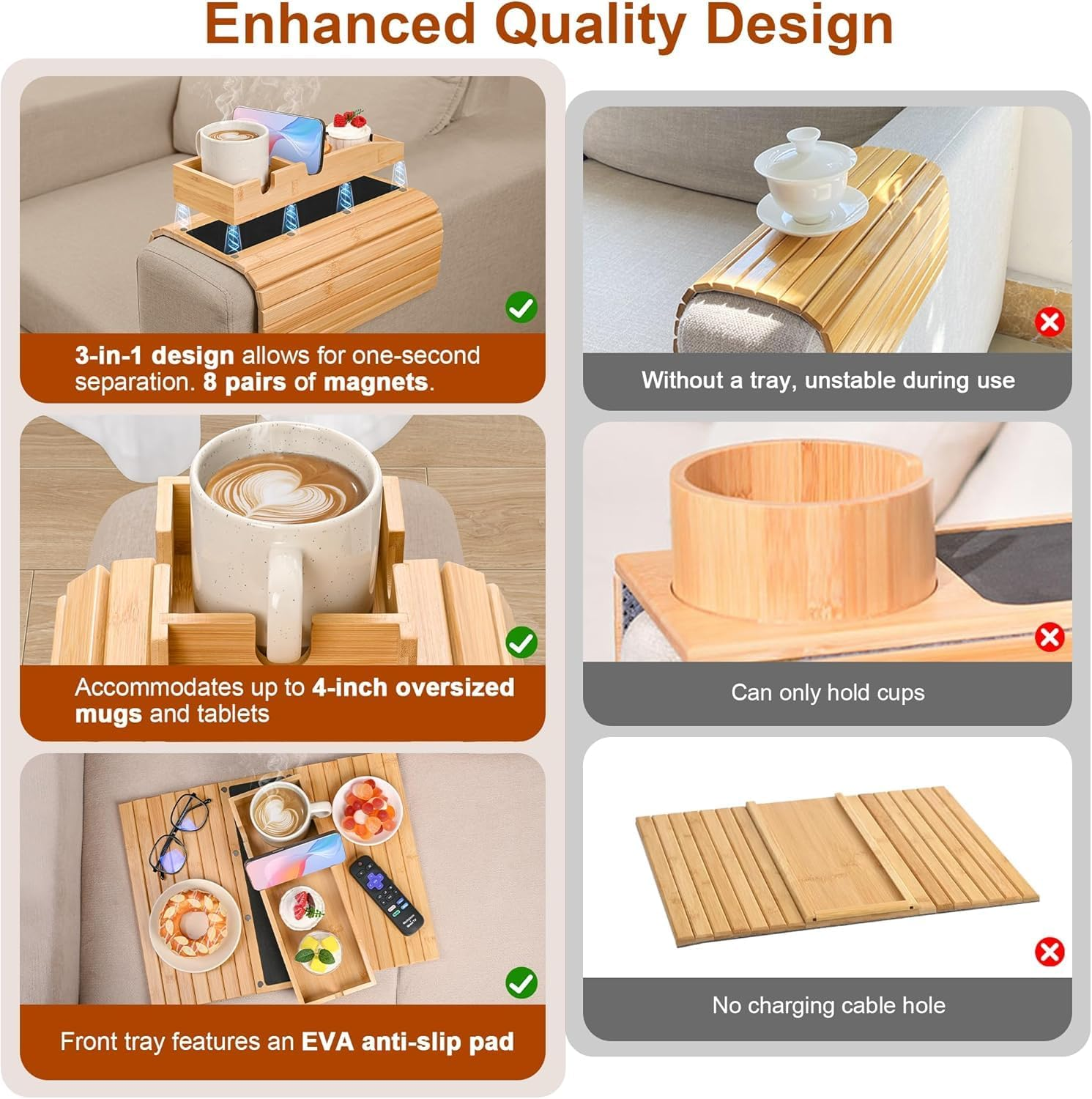 3-In-1 Sofa Armrest Tray &ndash; Detachable Bamboo Couch Cup Holder with Anti-Slip Mat &ndash; Foldable Arm Table for Wide Couches, Perfect for Drinks, Snacks, Cell Phones, and Remotes image number 1