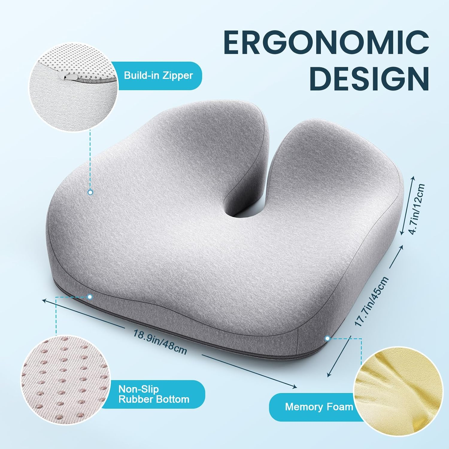 Benazcap Seat Cushion, Memory Foam Cushion for Office Chair - Ergonomic Chair Cushions for Tailbone Pain Relief, Sciatica & Back Support, Office Chair Cushion & Car Seat Cushion, Grey image number 4