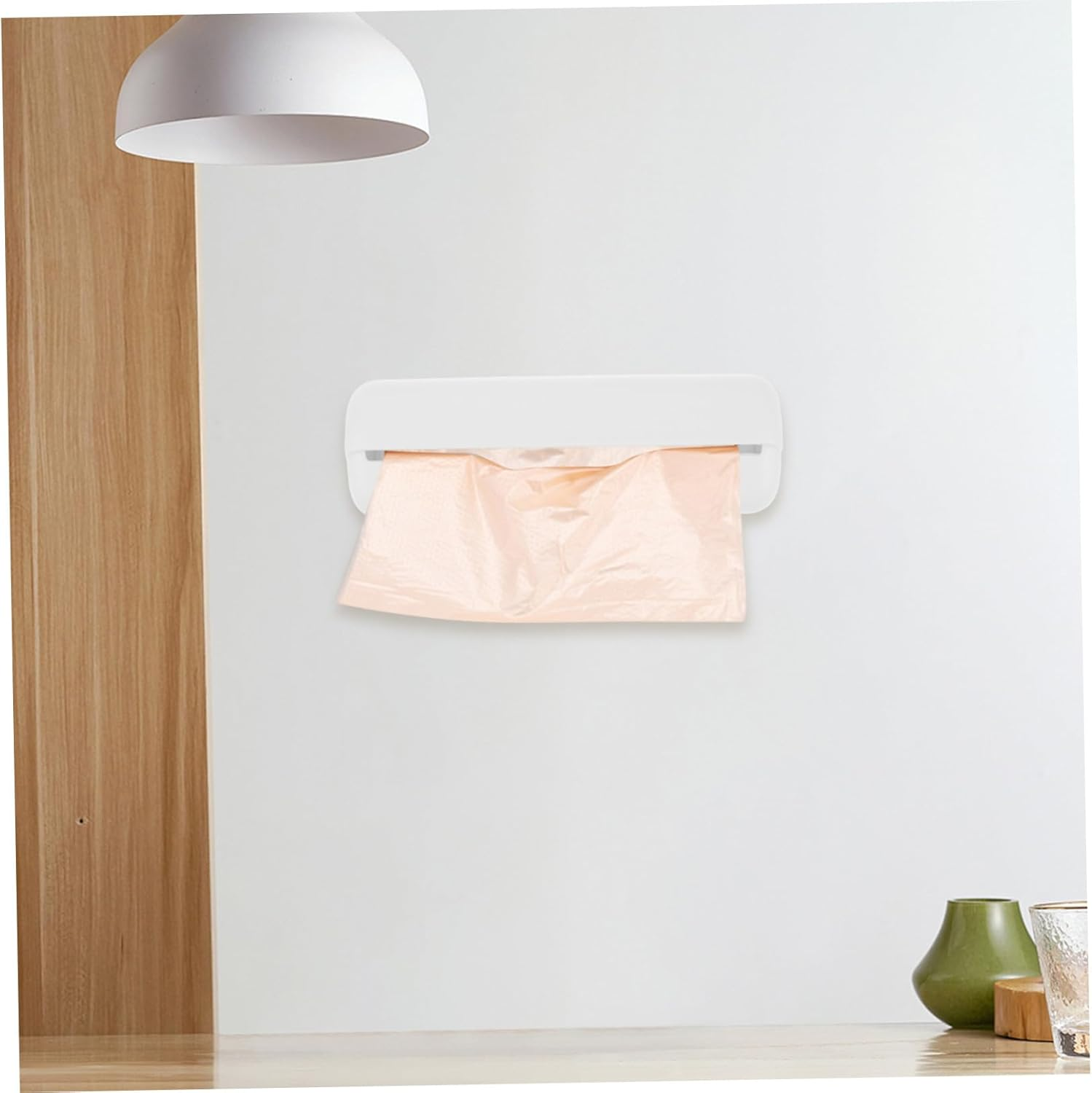 JEWEDECO Large Capacity Kitchen Plastic Bag Dispenser Wall Mount Trash Grocery Bag Holder with Storage Box for Home Recycling and Kitchen Storage White