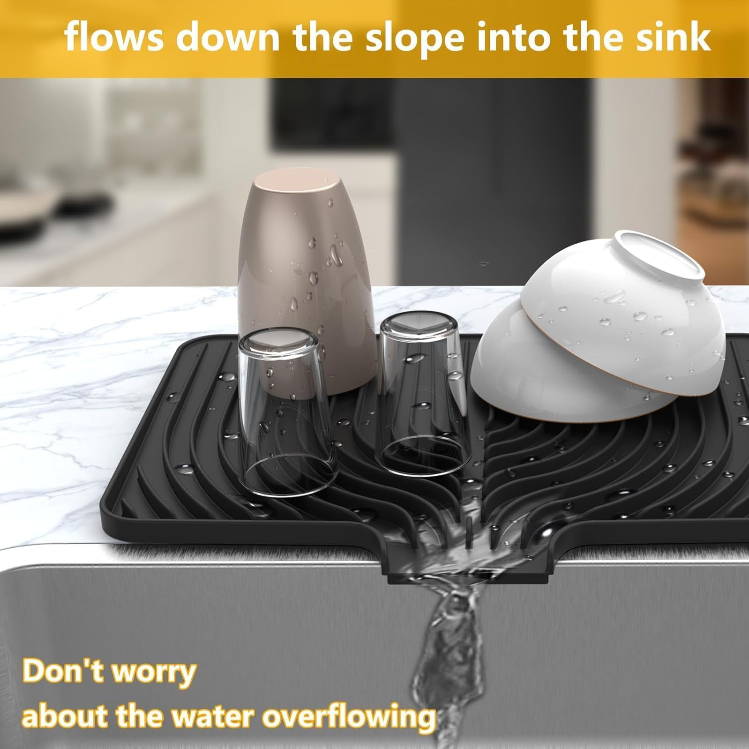 Silicone Dish Drying Mat for Kitchen Counter, Dish Drying Pad, Non-Slip Drain Pad with Built-In Drain, Heat Resistant Stone Drying Mat (Black, 40*30Cm) image number 2