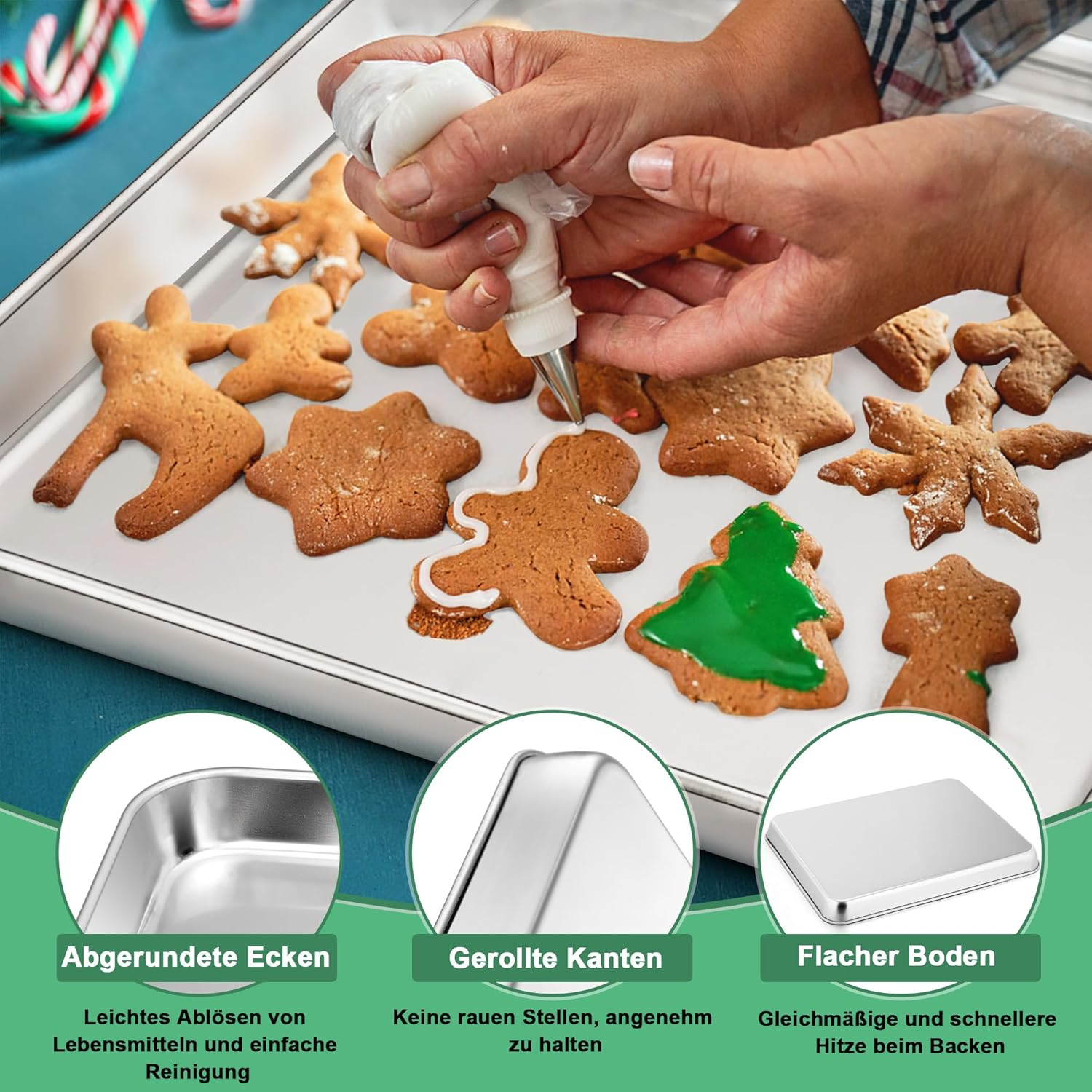 Haware Baking Tray, Set of 2, Stainless Steel Cake Tray, Oven Tray, Rectangular Grease Pan for Baking, Roasting, Serving, 31.6 X 24.6 X 2.5 Cm, Non-Toxic & Healthy, Rustproof & Dishwasher Safe image number 4