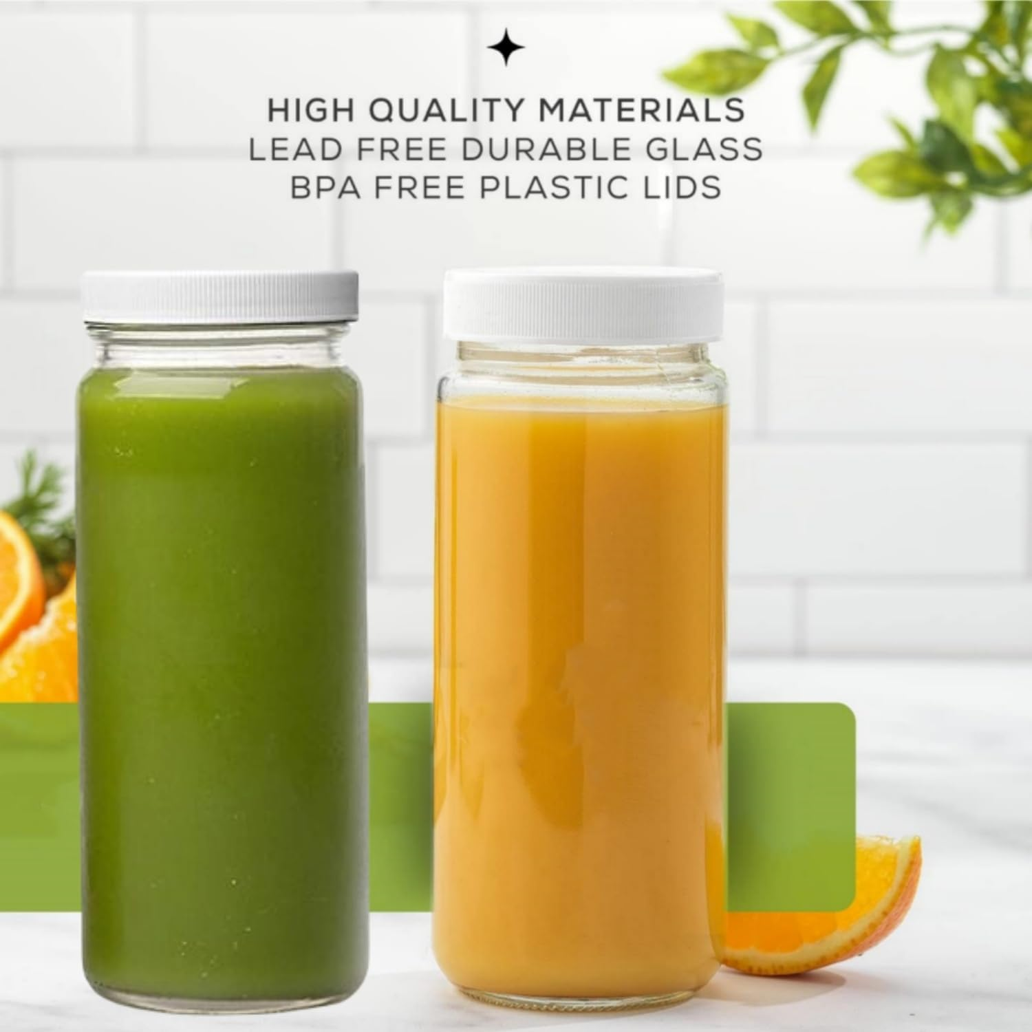 6 Pack Glass Juice Bottles, 16 Oz Glass Bottles with Caps.Reusable Jar Clear Glass Water Bottle with Plastic Airtight Lids for Juice, Smoothies, Tea, Milk, Kombucha, Homemade Beverages image number 2