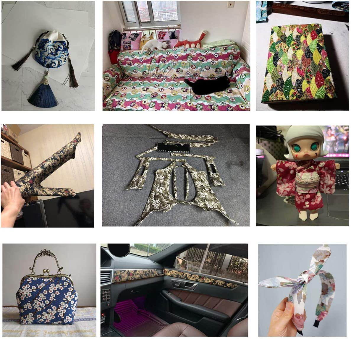 Queenbox 6PCS Japanese Printed Fabric, 15.7X19.6 Furoshiki Cloth, Traditional Sakura Printed Waves Cotton Sewing Fabric for Kimono Cheongsam Bag DIY Quilting