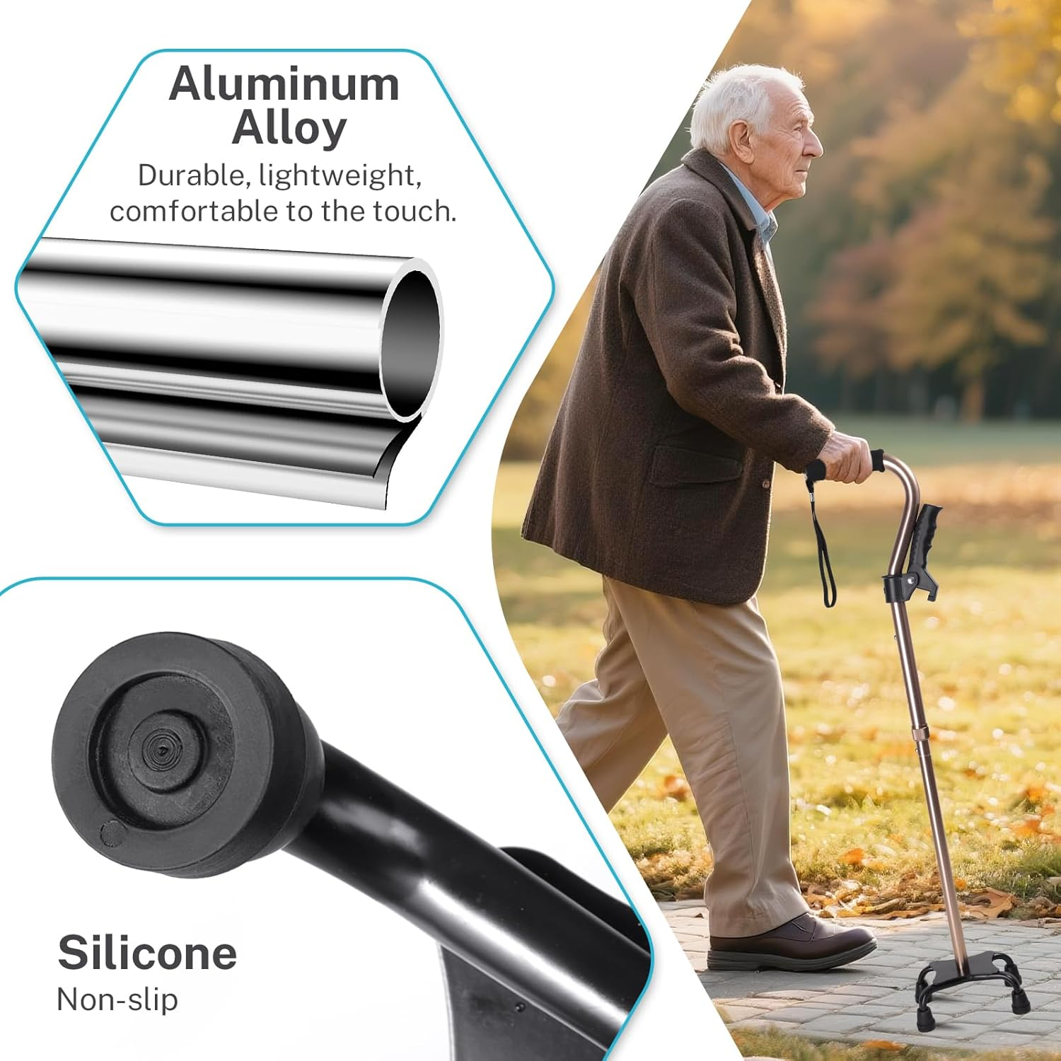 Adjustable Walking Cane for Men & Women &ndash; 4-Pronged Base for Stability &ndash; Foldable Cane for Seniors with Foam Padded Offset Handle(Champagne) image number 2