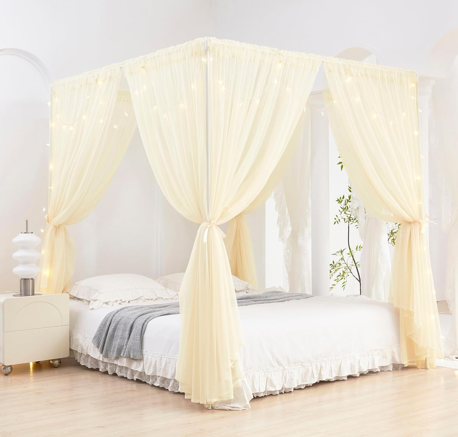 Akiky Princess Canopy Bed Curtains Set Sheer Curtain for Twin Full Queen Size Bed Drapes,8 Panels Canopies with Light,Room D&eacute;cor(Twin, White)