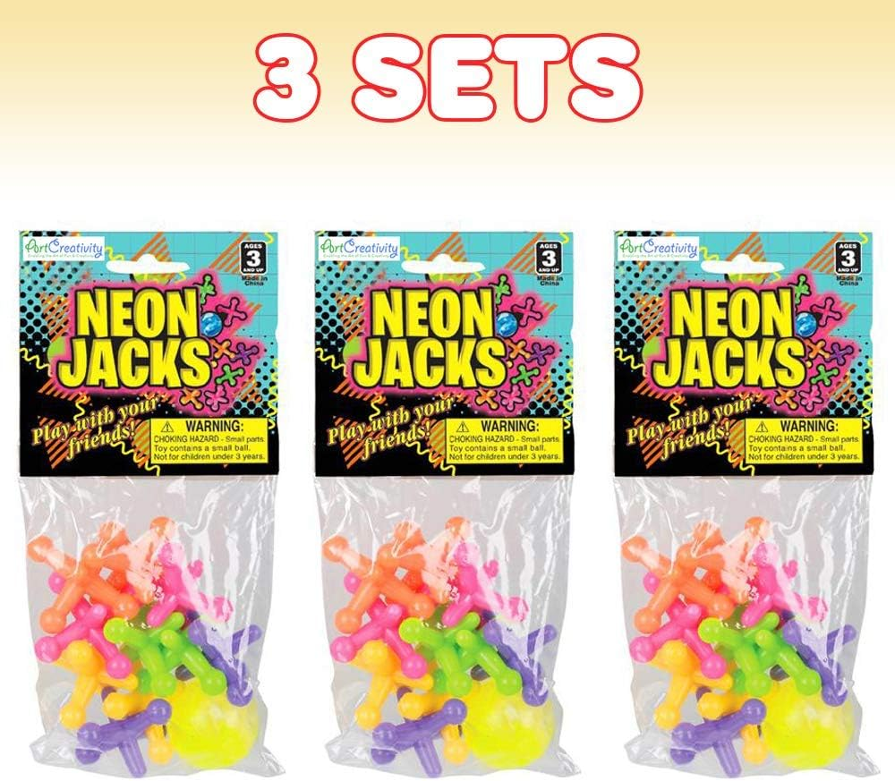 Artcreativity Large Neon Jacks Game, 3 Sets, Each Set with 10 Plastic Jacks and 1 Marbleized Rubber Ball, Vintage Toys, Fun Activity for Kids, Birthday Party Favors for Boys and Girls image number 5