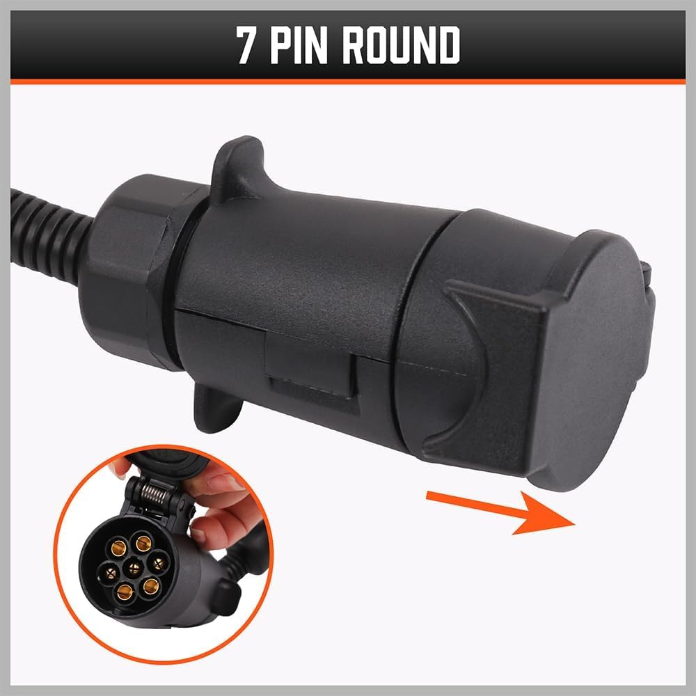 7-Pin Flat Male to 7-Pin round Female Trailer Plug Adapter &ndash; Caravan Towing Connector with Rubber Seal for Trailer, Boat, RV, Camper, Weatherproof Flexible Design