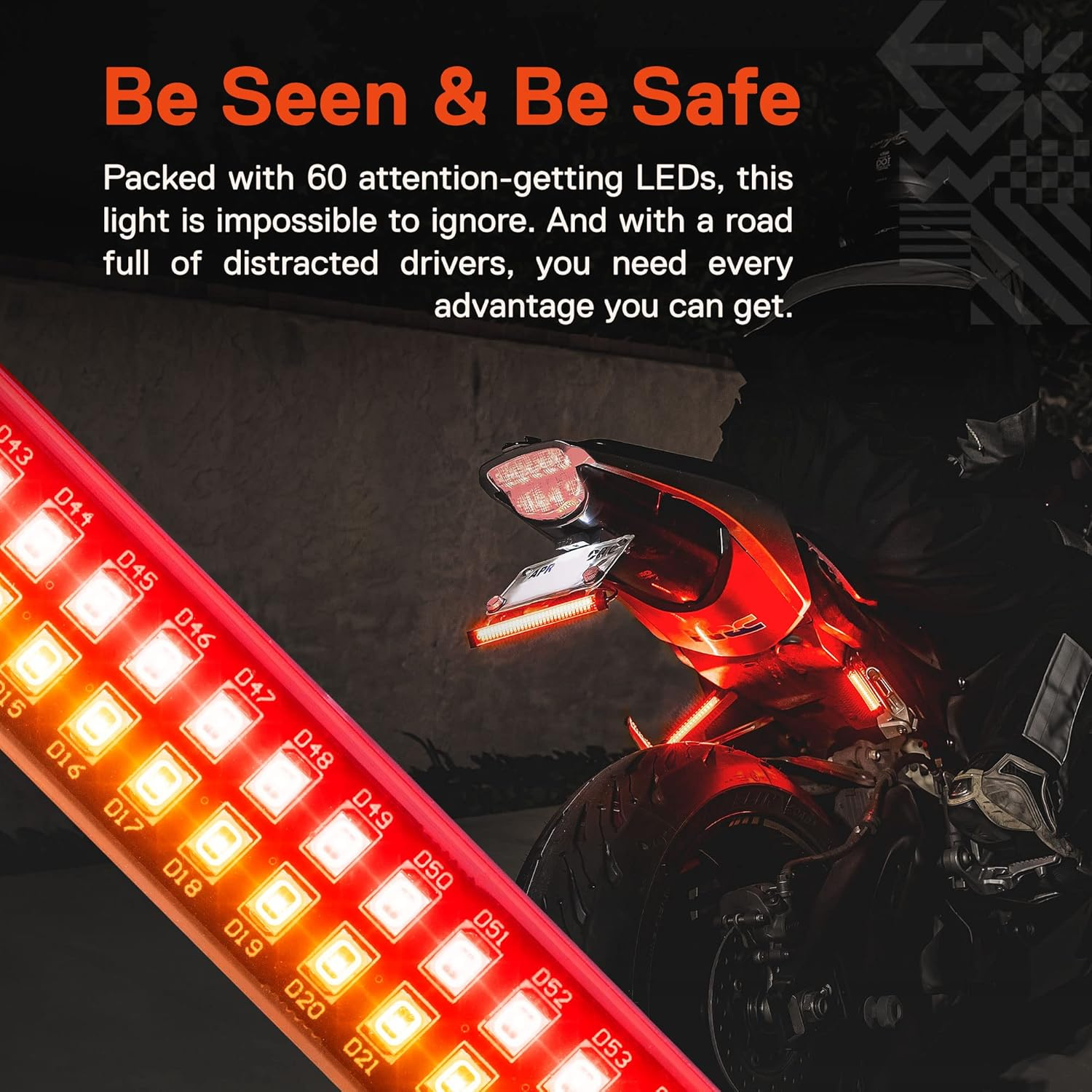 TRUE MODS 1Pc 8" LED Motorcycle Turn Signal & Brake Taillight Strip [Waterproof] [Dual Row] [RED Tail & Brake] [AMBER Sequential Blinker] Self Adhesive Surface Mount Flexible Lamp for ATV Dirt Bike image number 3