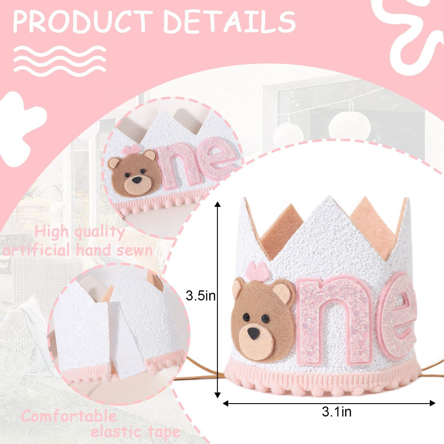 Agkvw 1St Birthday Teddy Bear Crown for Girls - Little Bear Hat, One Happy Camper Decor image number 1