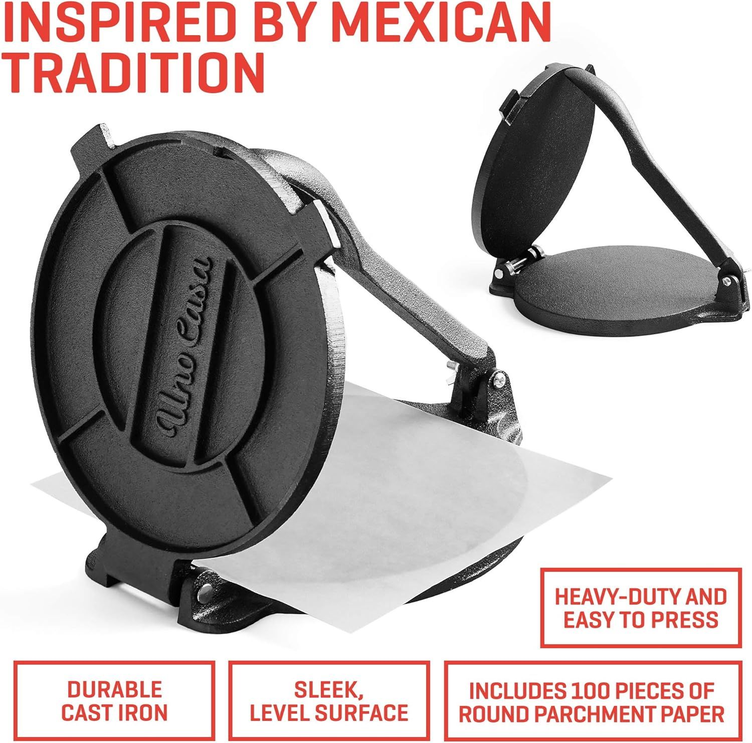 Uno Casa Cast Iron Tortilla Press 8 Inch with Cast Iron Comal Pan - Bundle of Tortilla Pan for Roti, Tawa, Dosa and Pre-Seasoned Tortilla Press Pataconera image number 3