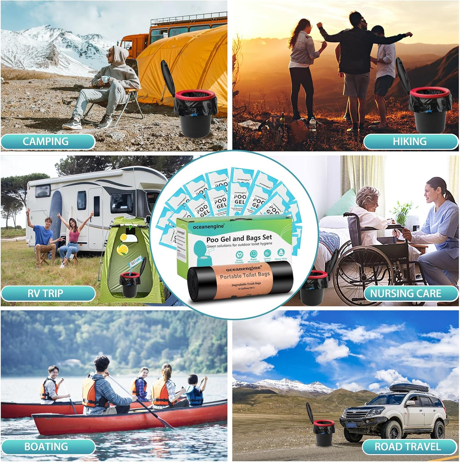 Portable Toilet Bags Poo Gel Set, 8 Gallon Camping Toilet Bags with Portable Toilet Absorbent Gel, Compostable Portable Potty Bags for Camping Outdoor Hiking image number 5