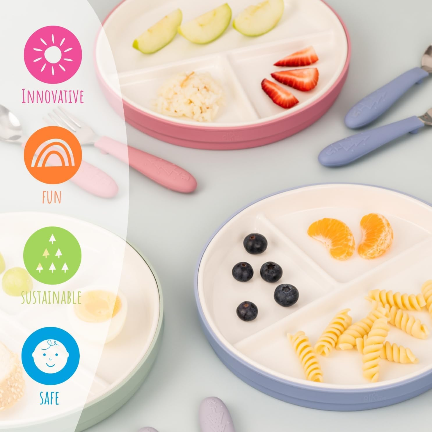 Elk and Friends Kids 6.7&rdquo; Porcelain White Divided Plates with Silicone Suction Sleeves | Suitable for Babies/Toddlers | Microwave & Dishwasher Safe | Stay Put Dinnerware | Snack Dishes | 2 Pack image number 5