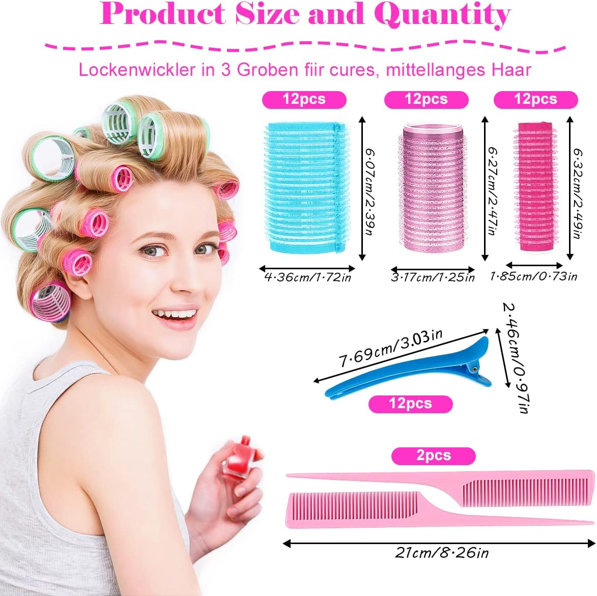 Encuryna Pack of 50 Hair Rollers Set, Self-Adhesive Hair Rollers, Curlers, Adhesive Rollers, Curls without Heat Curlers with Comb and Duck Beak Clips for Women, Salon, Barber, Hairdresser image number 6
