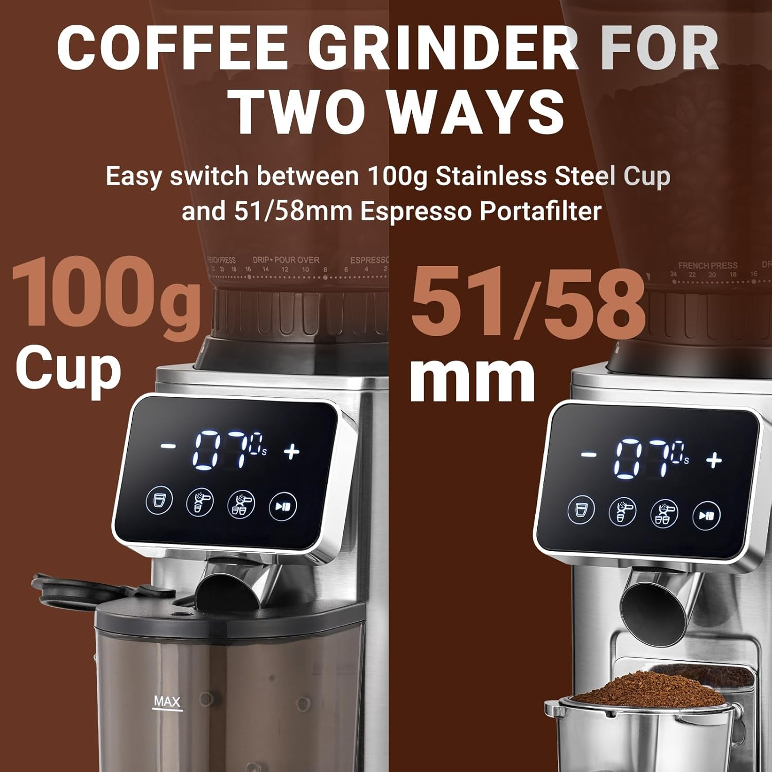 AMZCHEF Electric Coffee Grinder, Conical Burr Grinder with 48 Precision Grind Settings, LED Panel Control, Detachable Funnel Stand for Espresso, Drip, French Press, Easy to Clean, Stainless Steel