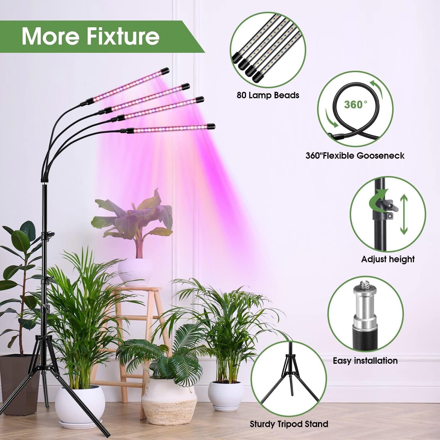 Wolezek Plant Light for Indoor Plants, 4-Head 80 LED Full Spectrum Grow Lights for Seed Starting with 15-61 Inches Adjustable Tripod Stand, Red Blue Warm White Floor Grow Lamp with Auto 6/12/16H Timer image number 5