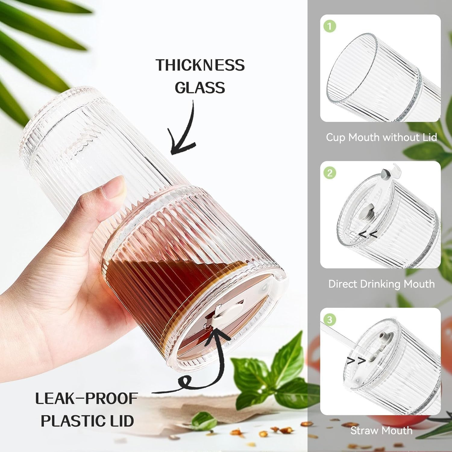 20 Oz Ribbed Glass Tumblers with Lids and Glass Straws- 4/2 Pack Ribbed Glass Iced Coffee Cup with Straw and Lid, Thicken Glasses, Ideal for Smoothieds, Cocktails, and Juices (4, 600 ML) (4, 600ML)