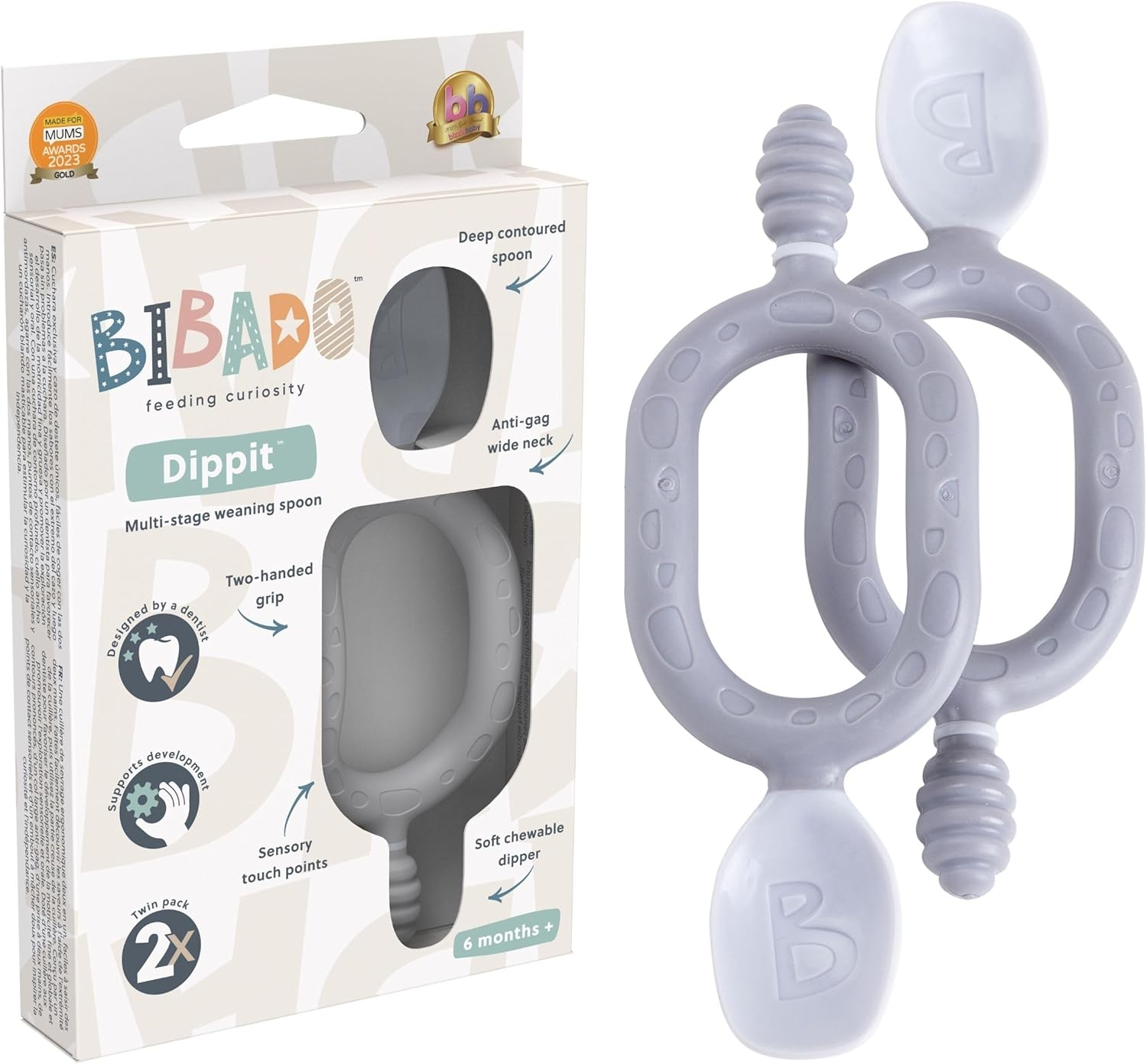 Bibado Weaning Spoons 2 Pack Baby Self Feeding Cutlery Dual Ended Spoon for Teething Oral Development Ergonomic 2 Handled for Independent Feeding Baby Toddler Dippit Fawn