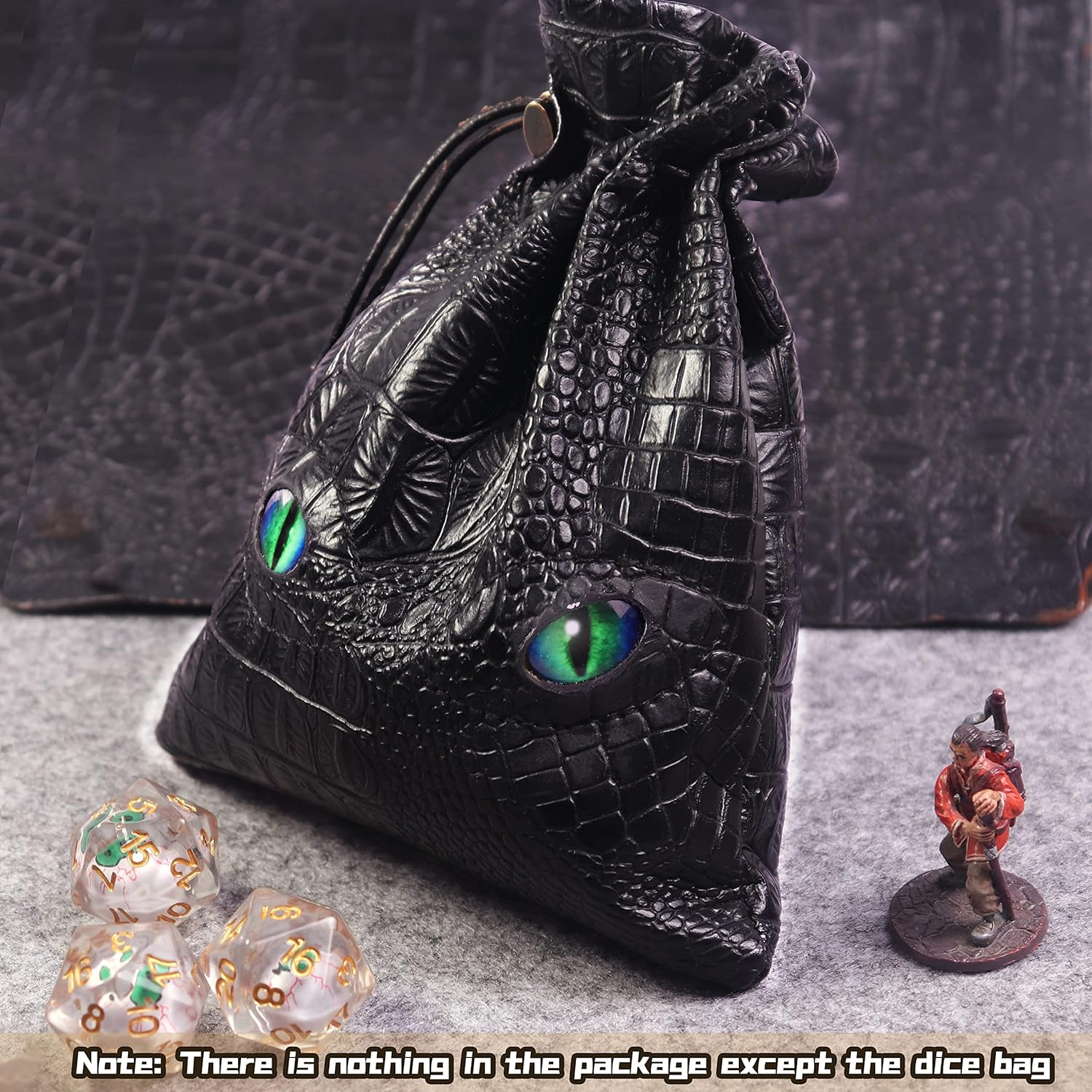 Large DND Dice Bag, Black DND Dice Bag Can Hold 6 DND Dice Sets, Fire Dragon Leather Coin Bag, Glows Green Light in Eyes, Suitable for DND Board Games, Fantasy RPG Game Accessories, Dice Not Included image number 5
