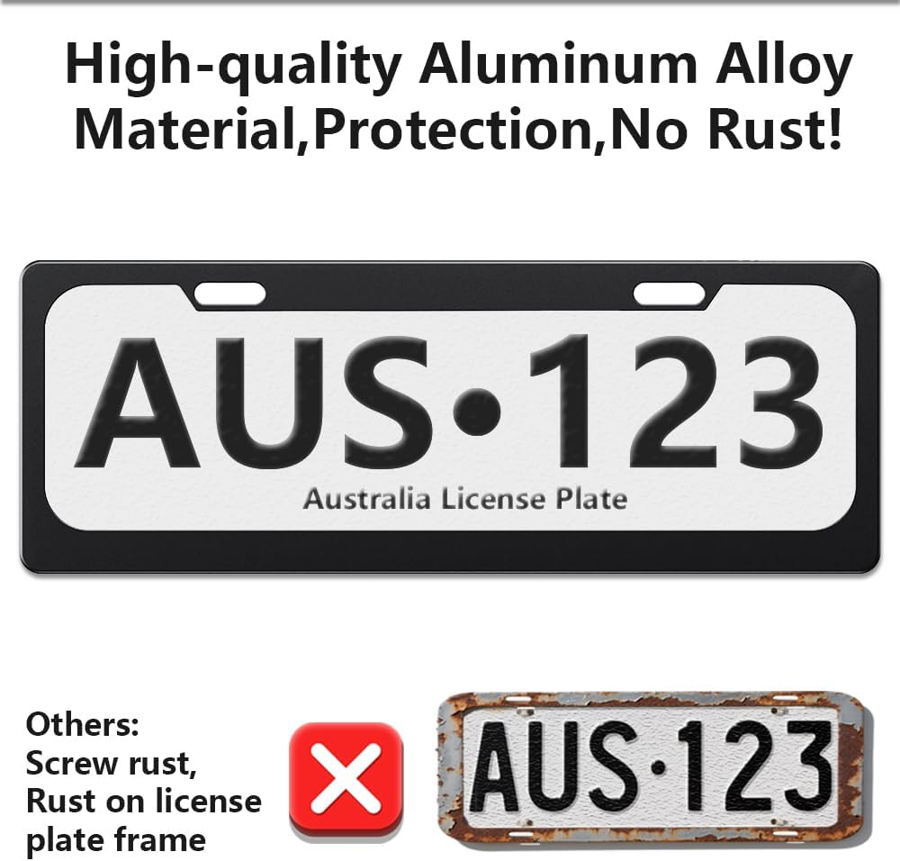 2 Pack Matte Aluminum Alloy Australian Standard 6 Figure Number License Plate Frames,Unbreakable Car License Plate Cover Protector with Screws & Screws Caps Fits Any AU 6 Figure Number Plates (Black) image number 1