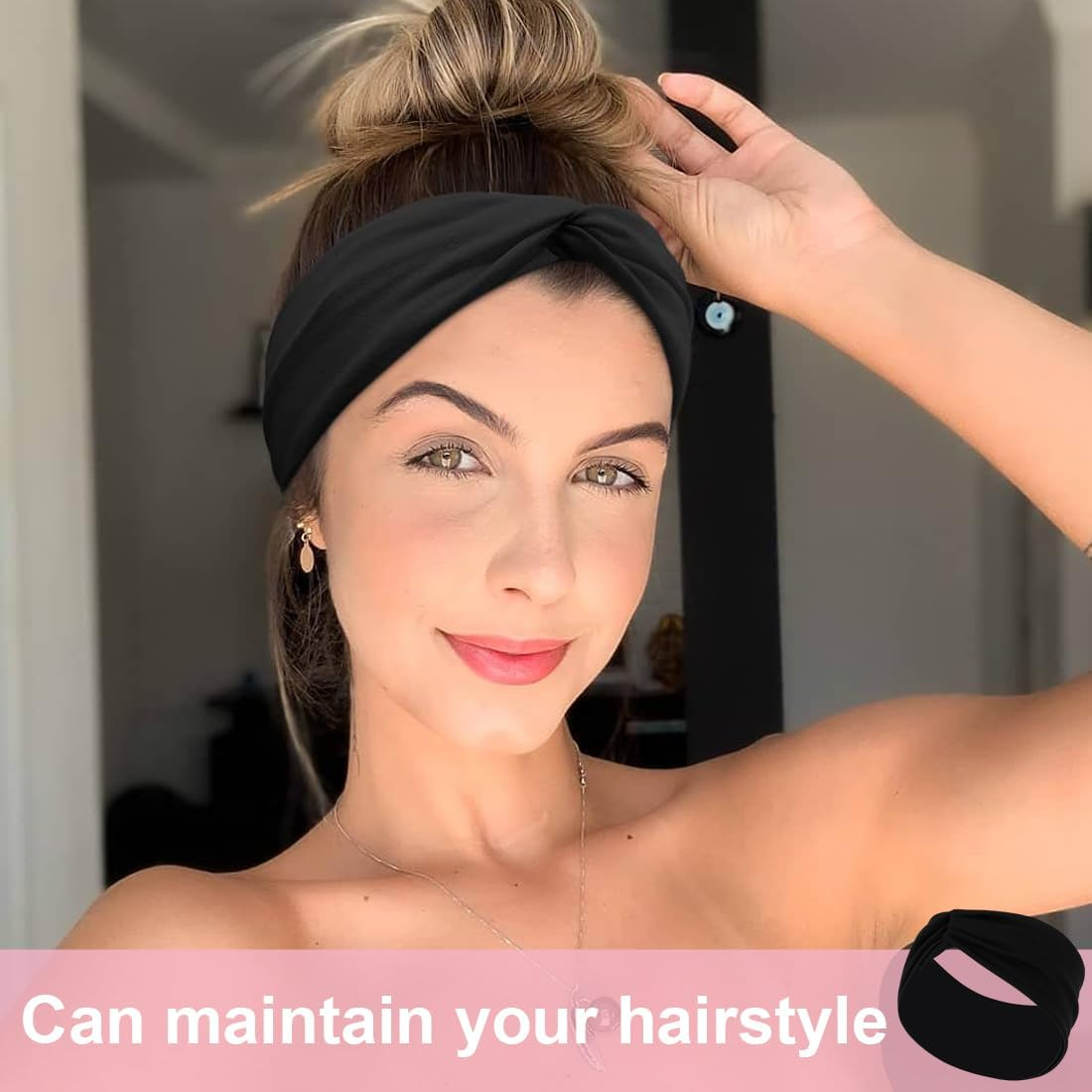 WUSJCOF Pack of 3 Elastic Headbands, Summer Cotton Cross Headband, Wide Headband, Knot Sports Headwrap, Yoga Headband, Hair Accessories for Women Girls (Black, White, Pink) image number 2