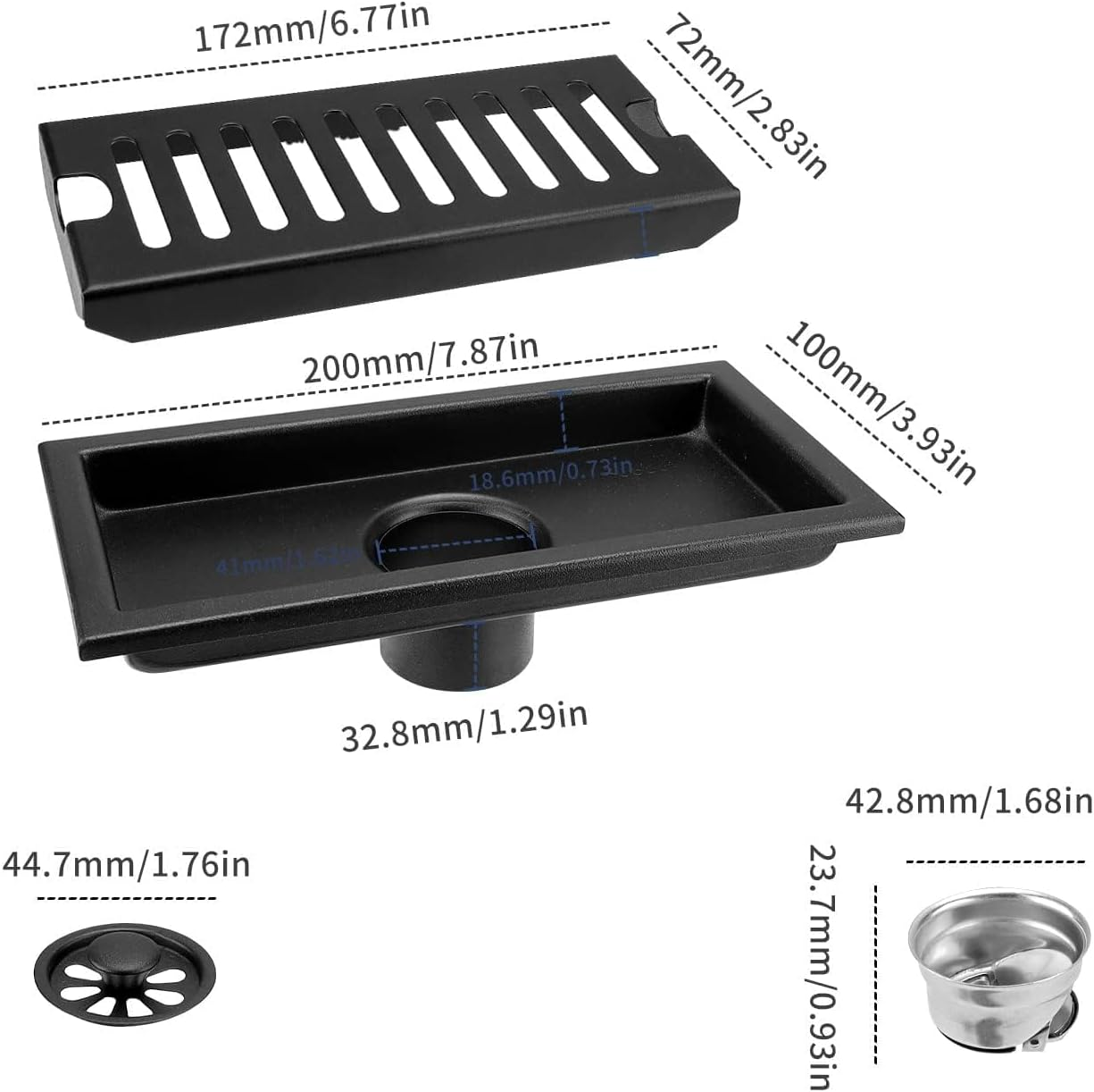 20 &times; 10 Cm Black Rectangular Stainless Steel Floor Drain - Shower Drain Lid with Odour Trap, Strainer for Hair Filter, Suitable for Bathroom, Kitchen, Balcony image number 3