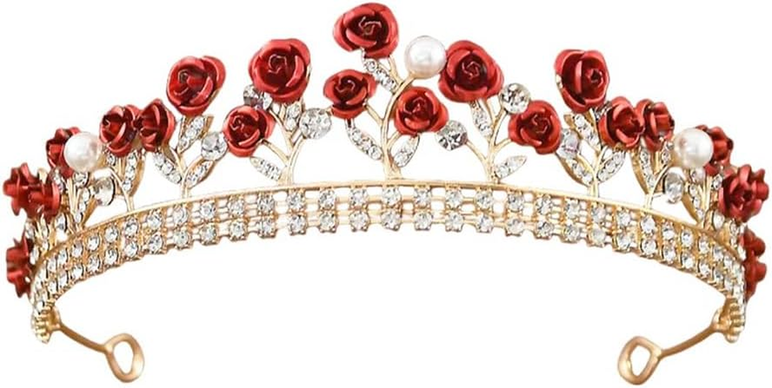 Glitter Red Rose Rhinestone Pearl Tiara Bride Princess Floral Crown Headband Headpiece Hair Jewelry for Wedding Party Birthday image number 6