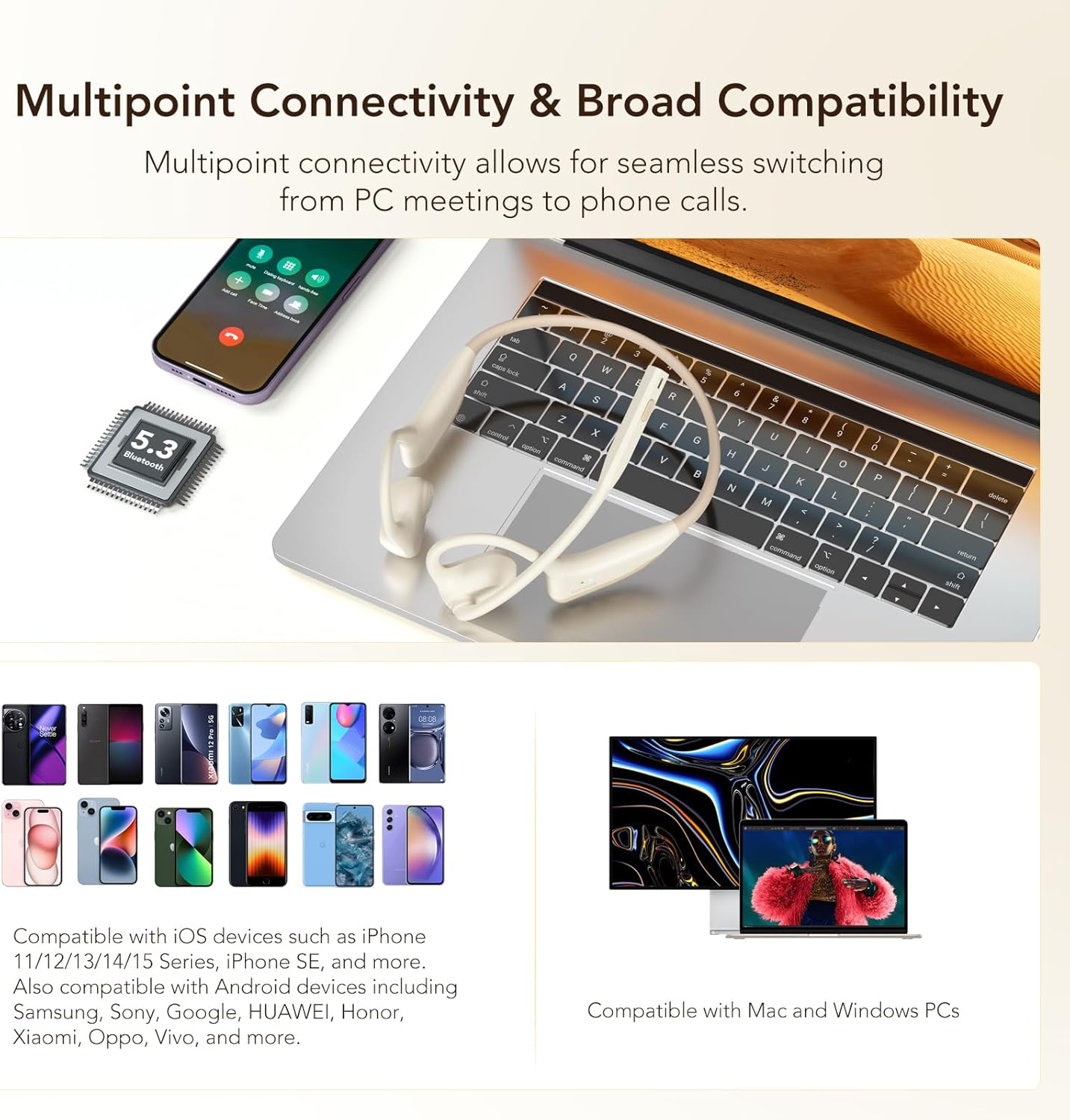 Nuroum OW20B Open Ear Bluetooth Headphones with Noise-Cancelling Microphone, Mute Switch, Bluetooth 5.3 Dual Connection, 15H Runtime, Wireless Headphones for Home Office/Office/Travel, Beige image number 5